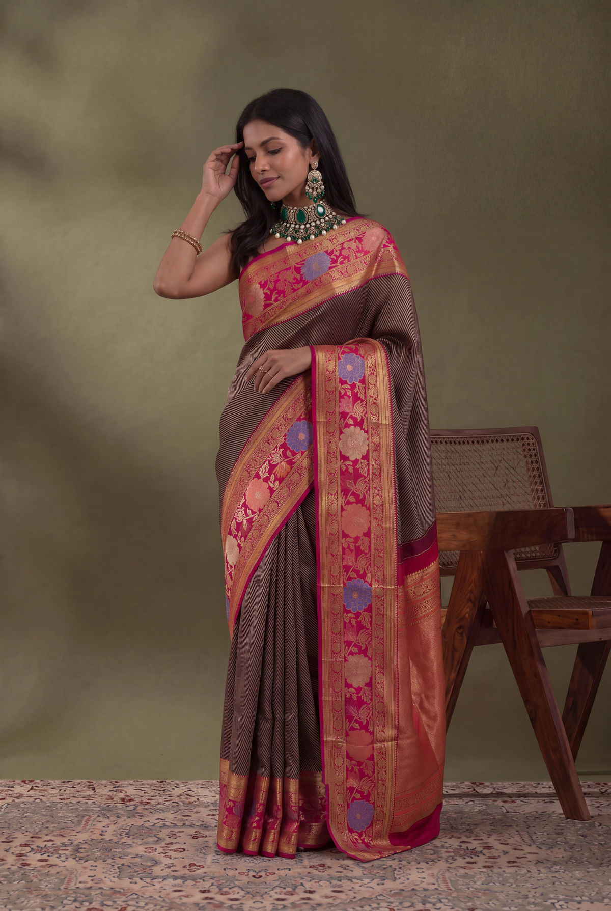 Violet Kanchivaram Silk Jamdani Border Saree - Mokshaa