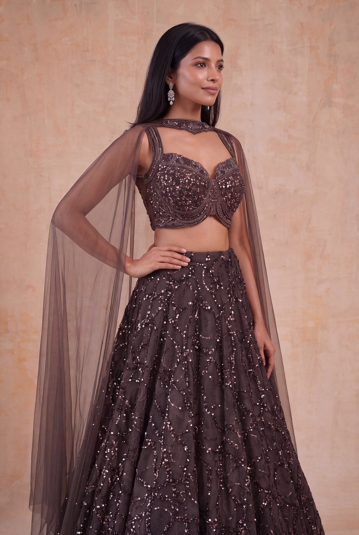 Chocolate Brown Net Lehenga - Mokshaa