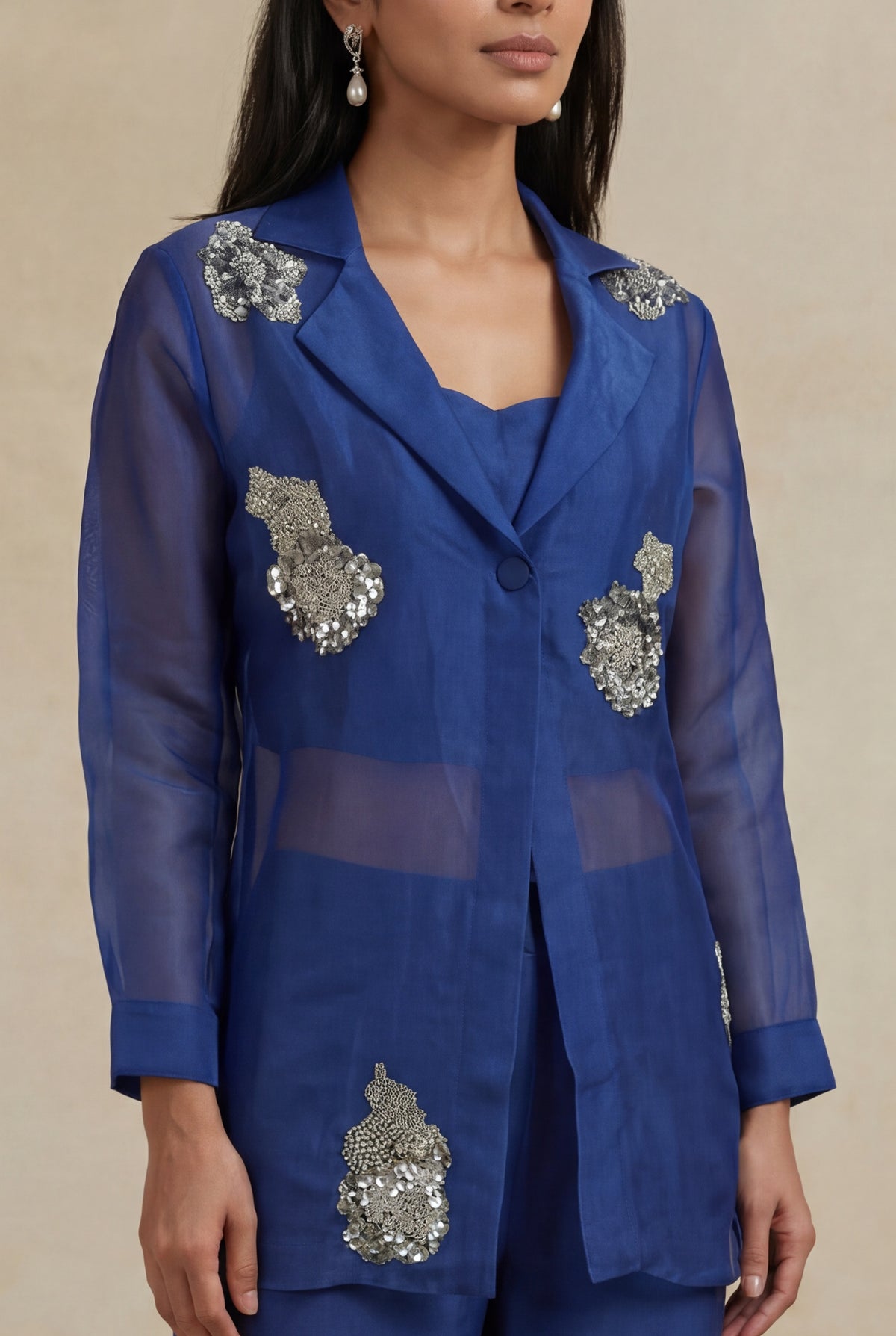 Royal Blue Organza Sequin-Embellished Co-ord Set - Mokshaa