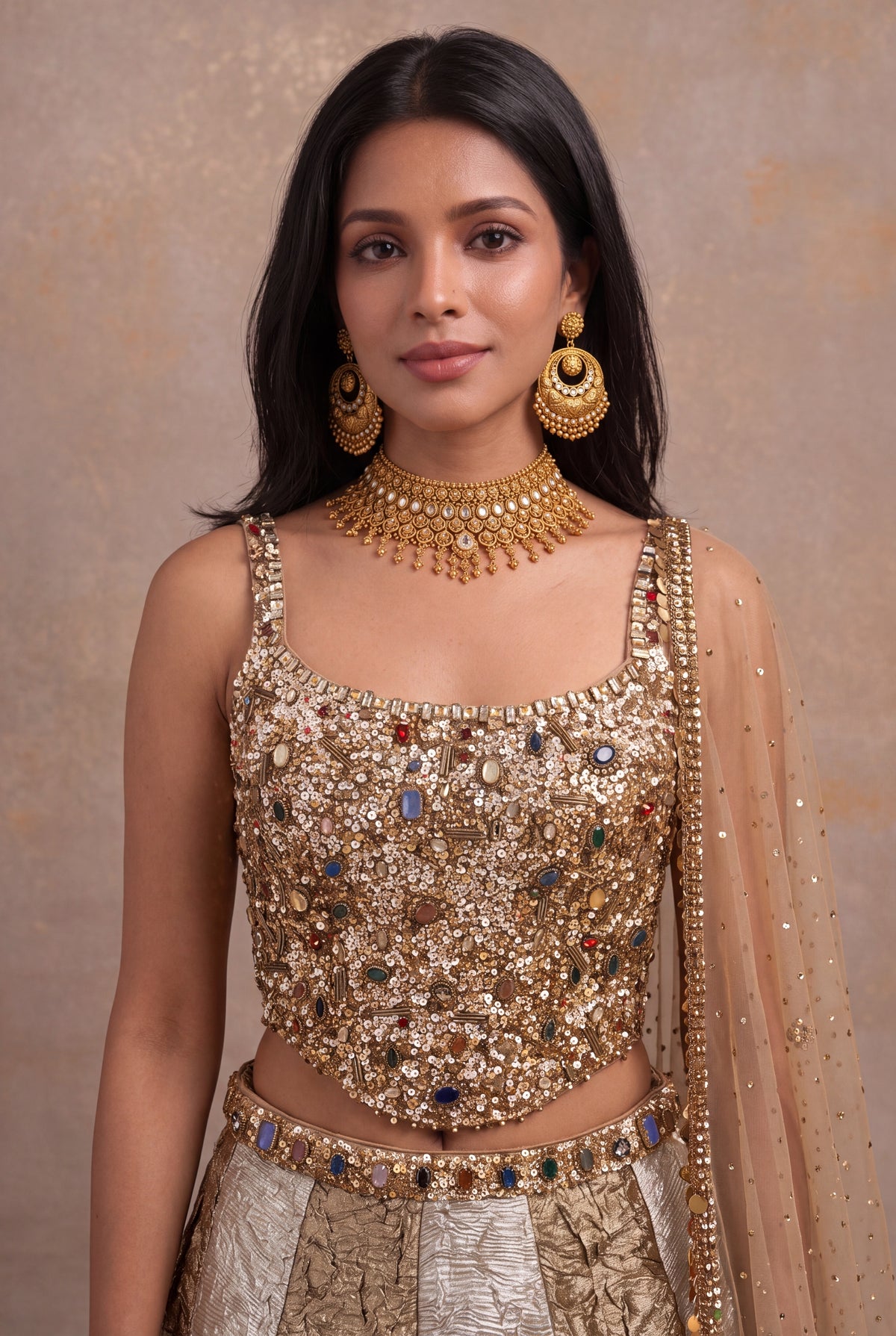 Golden Crush Tissue Jewel Work Lehenga - Mokshaa