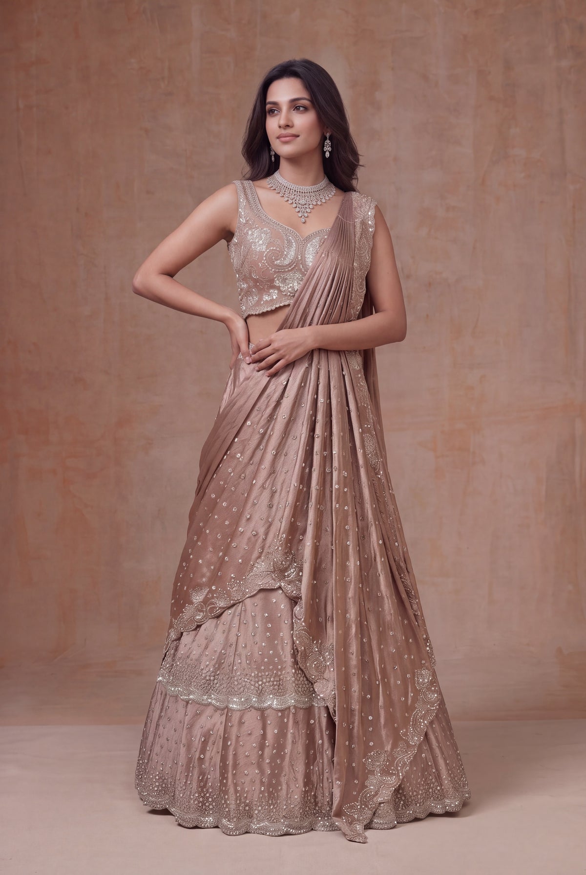 Rose Taupe Satin Silk Draped Lehenga with Sequin Work - Mokshaa