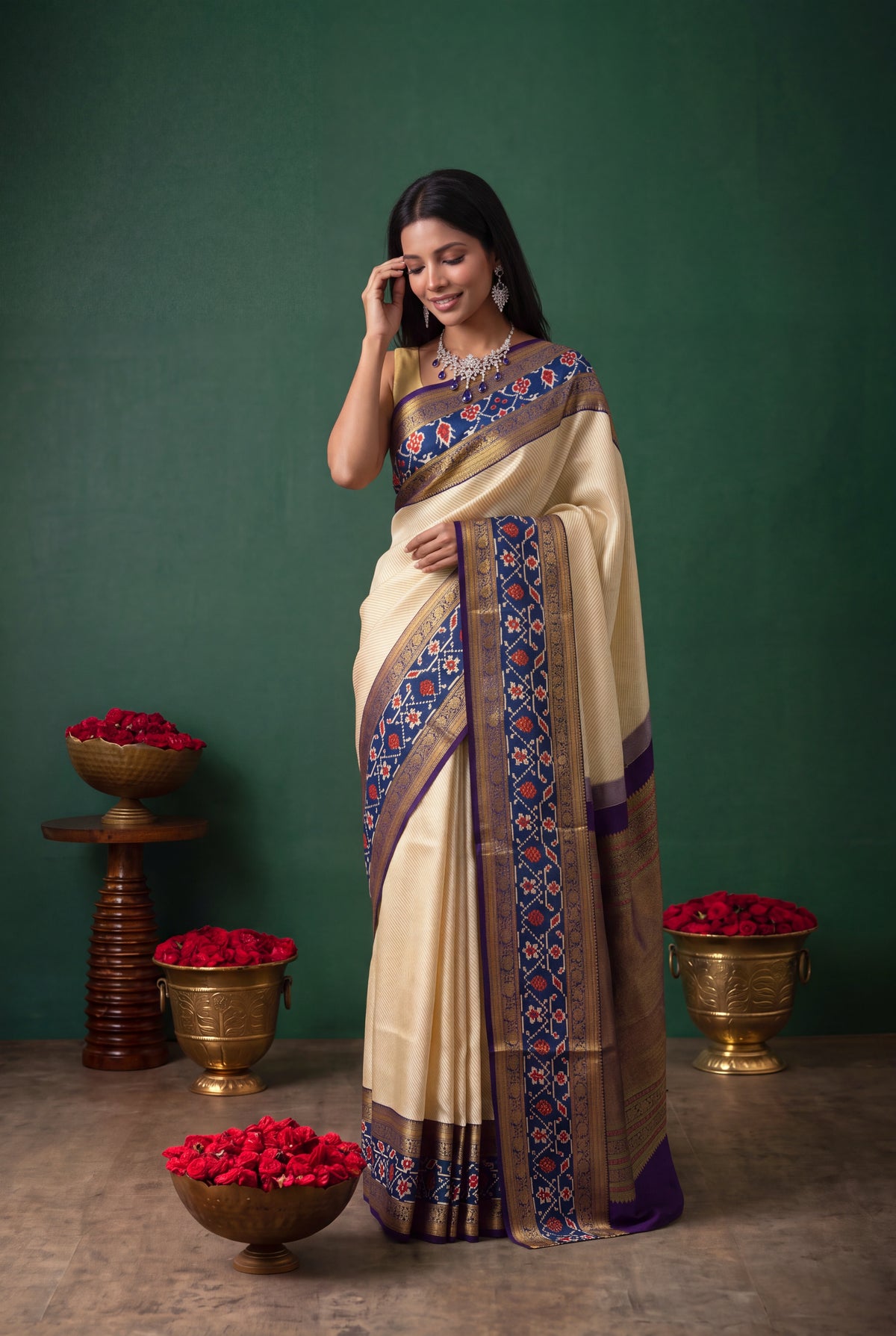 Light Gold Kanchivaram Silk Fusion Saree - Mokshaa
