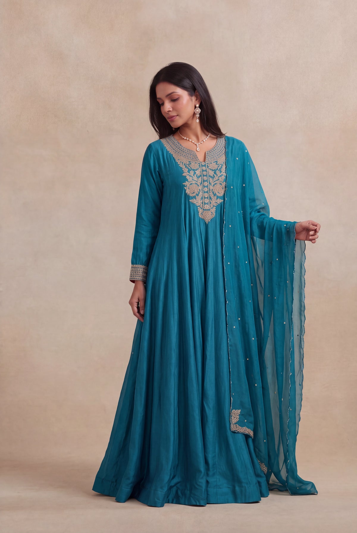 Teal Blue Chinon Silk Anarkali - Mokshaa