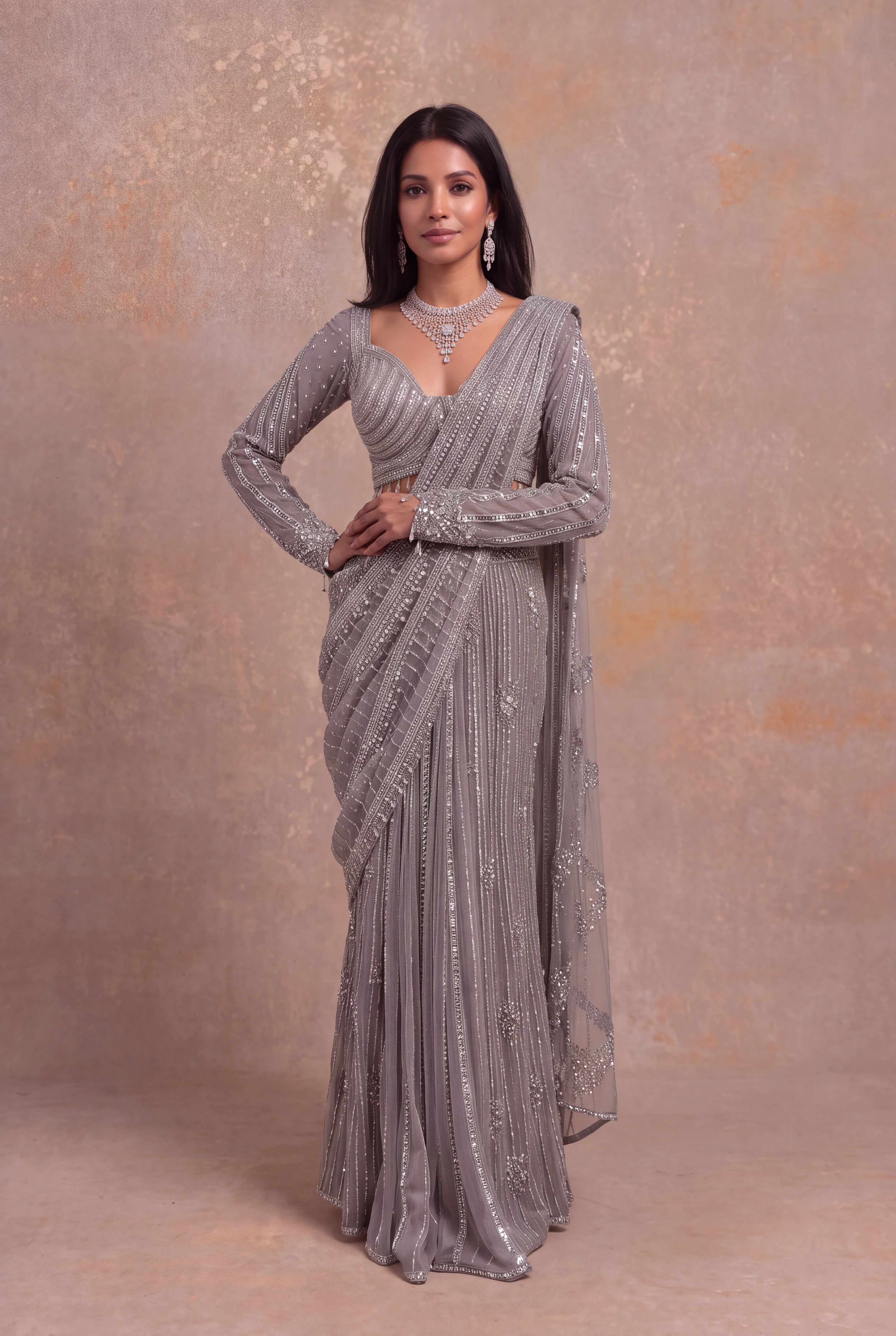 Grey Net Drape Saree with Stone Embroidery
