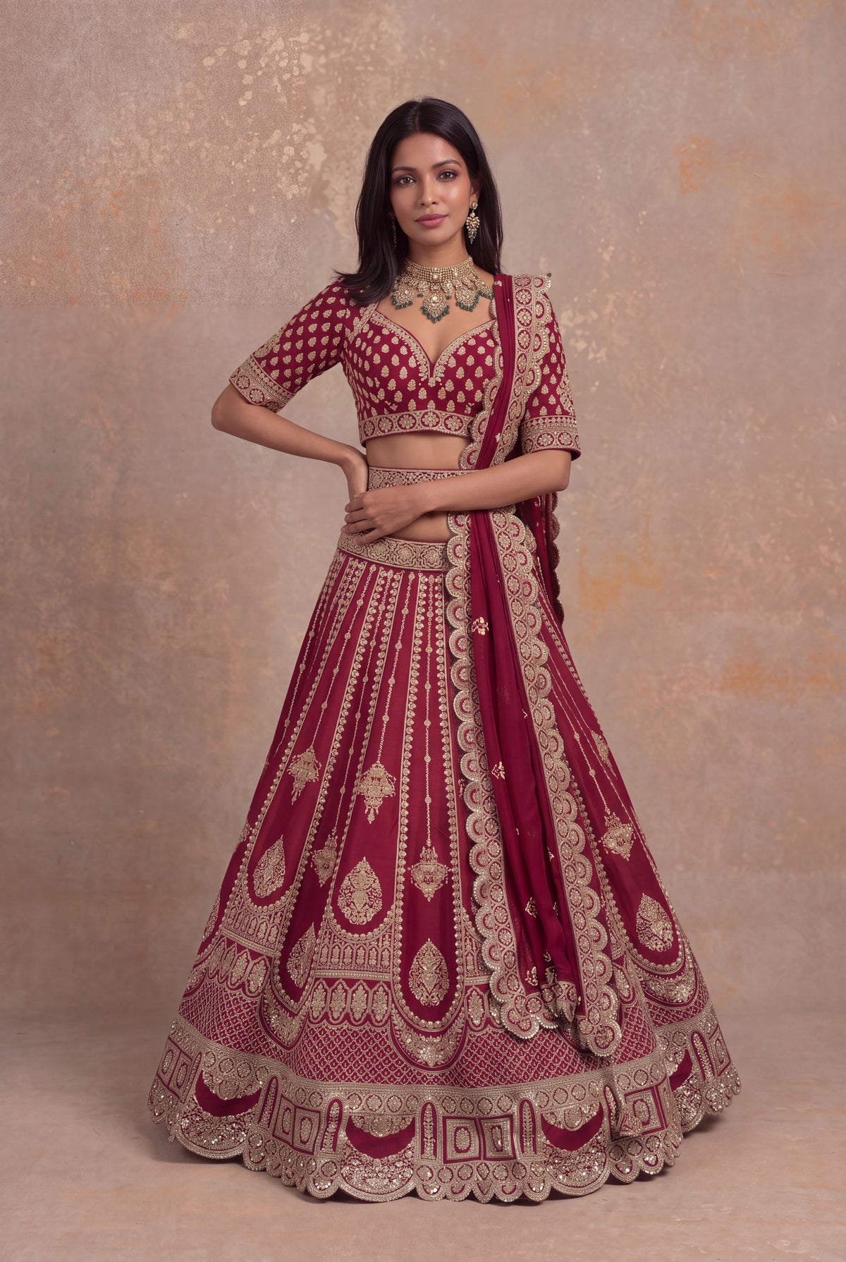 Maroon Raw Silk Lehenga Set with Zari and Pearl Embroidery - Mokshaa