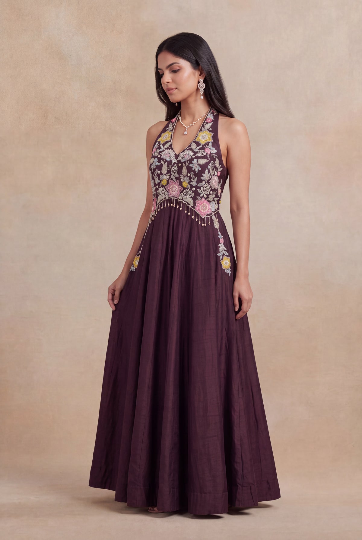 Wine Raw Silk Floral Embroidered Western Gown - Mokshaa