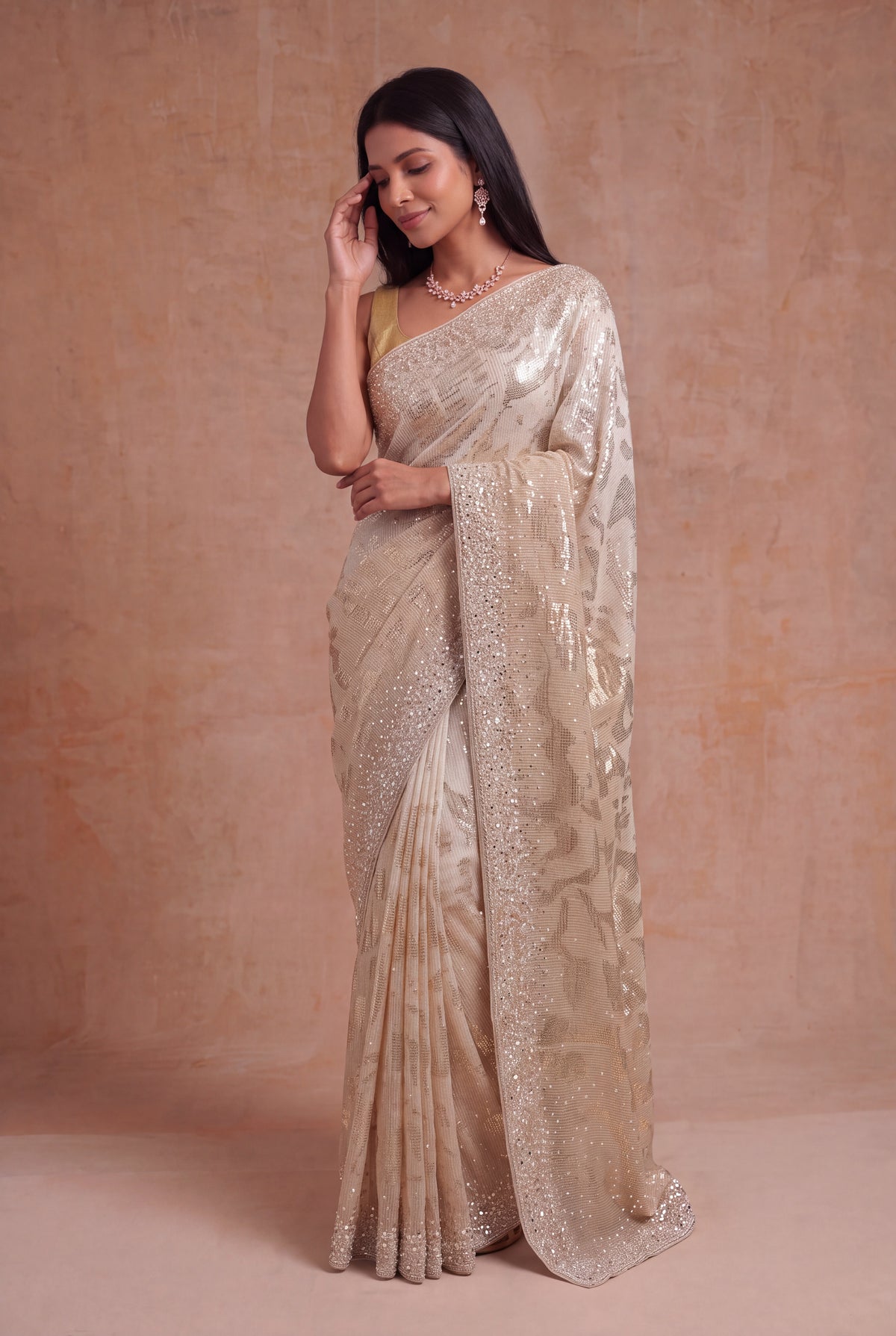 Gold Georgette Saree with Sequin & Mirror Work - Mokshaa