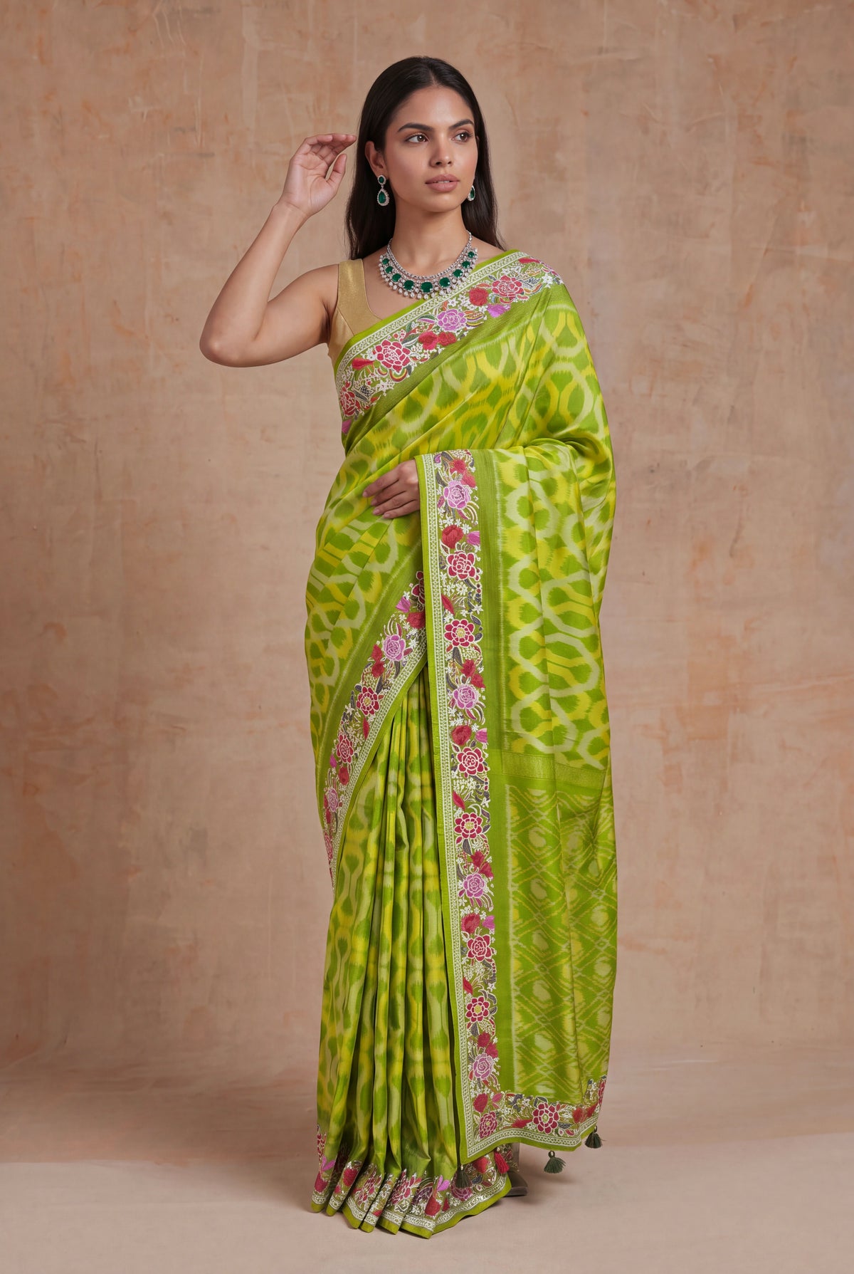 Lime Green Patola Silk Saree - Mokshaa