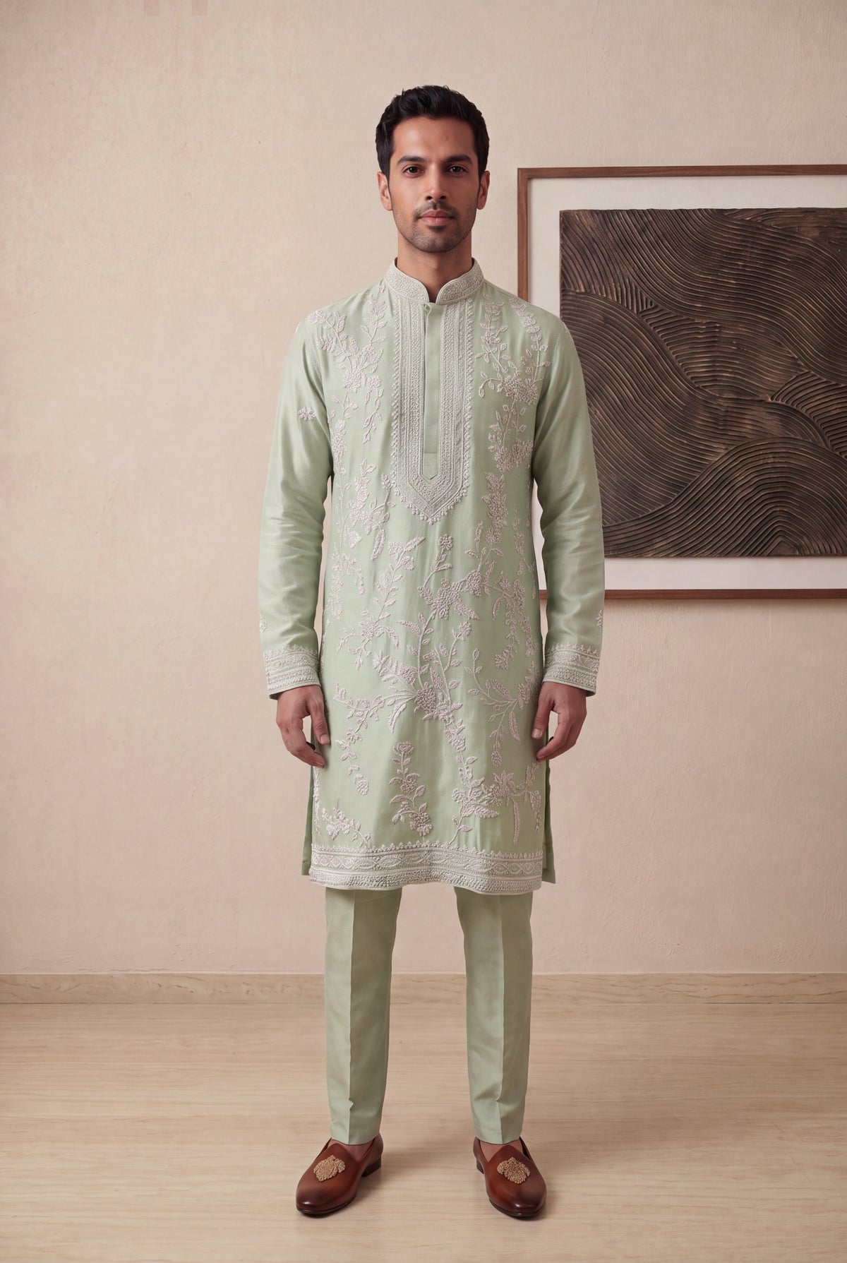 Sage Green Raw Silk Kurta Pant Set - Mokshaa
