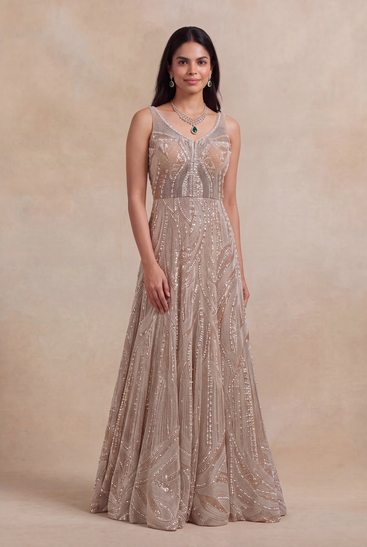 Champagne Gold Sequin & Pearl Embroidered Gown - Mokshaa