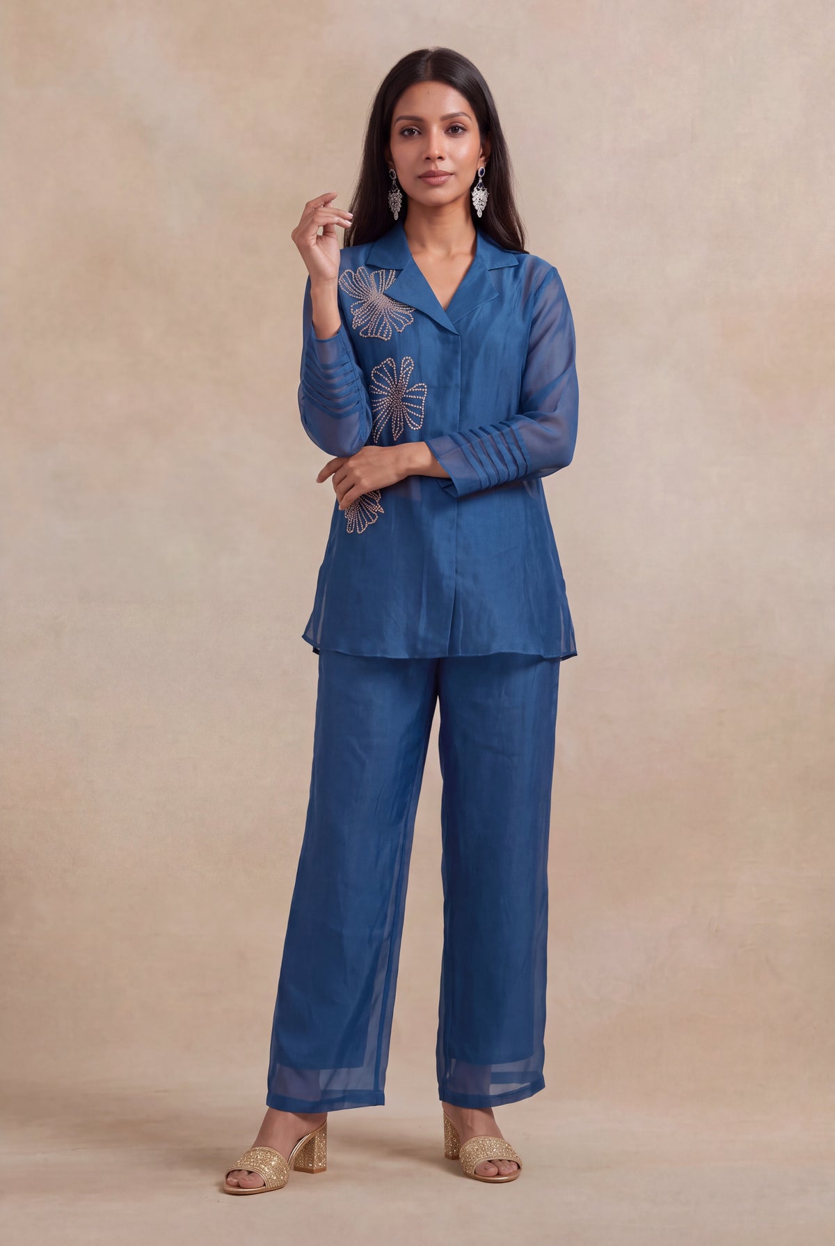 Teal Blue Organza Katdana Co-ord Set - Mokshaa