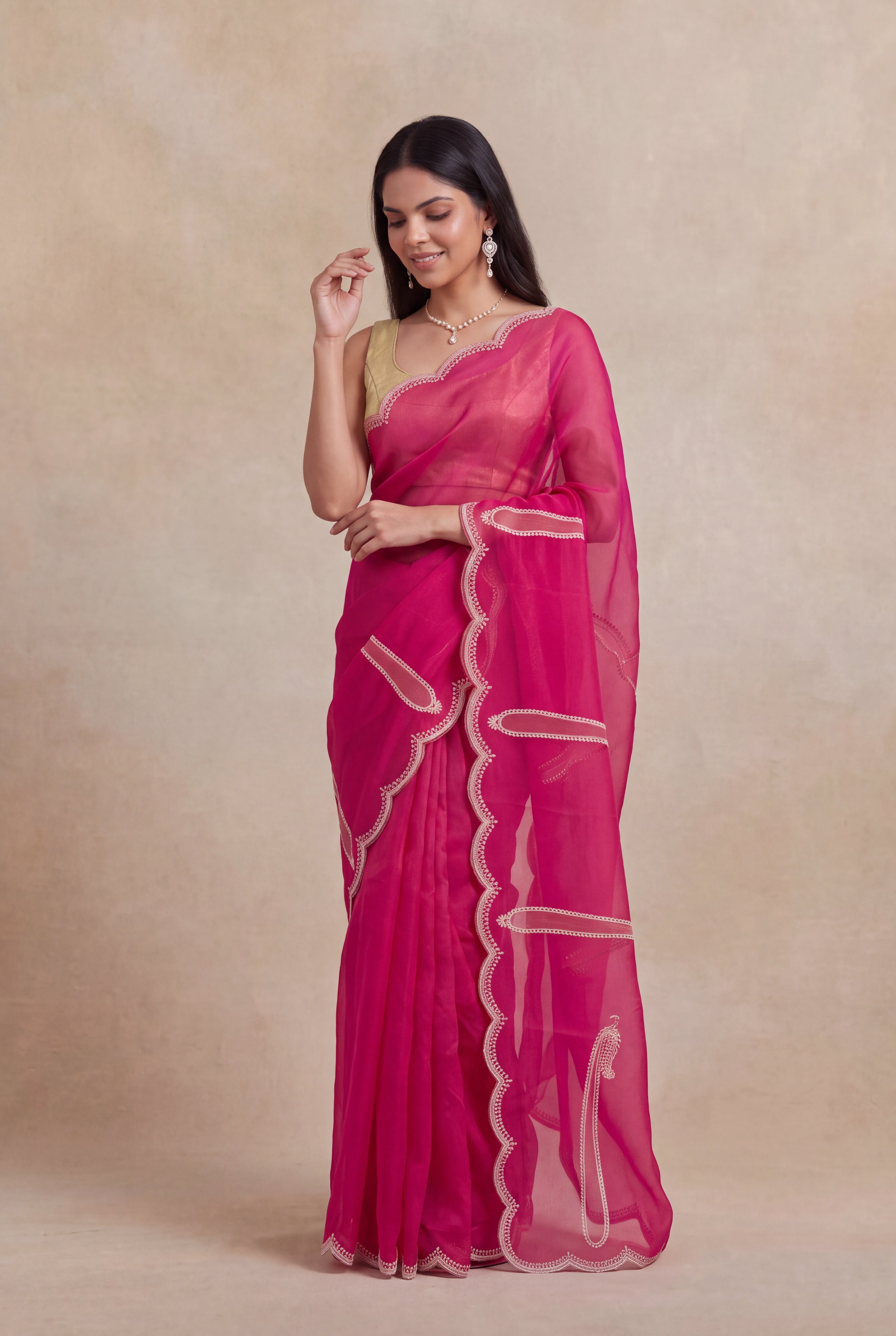 Pink Organza Saree with Aari Thread Work