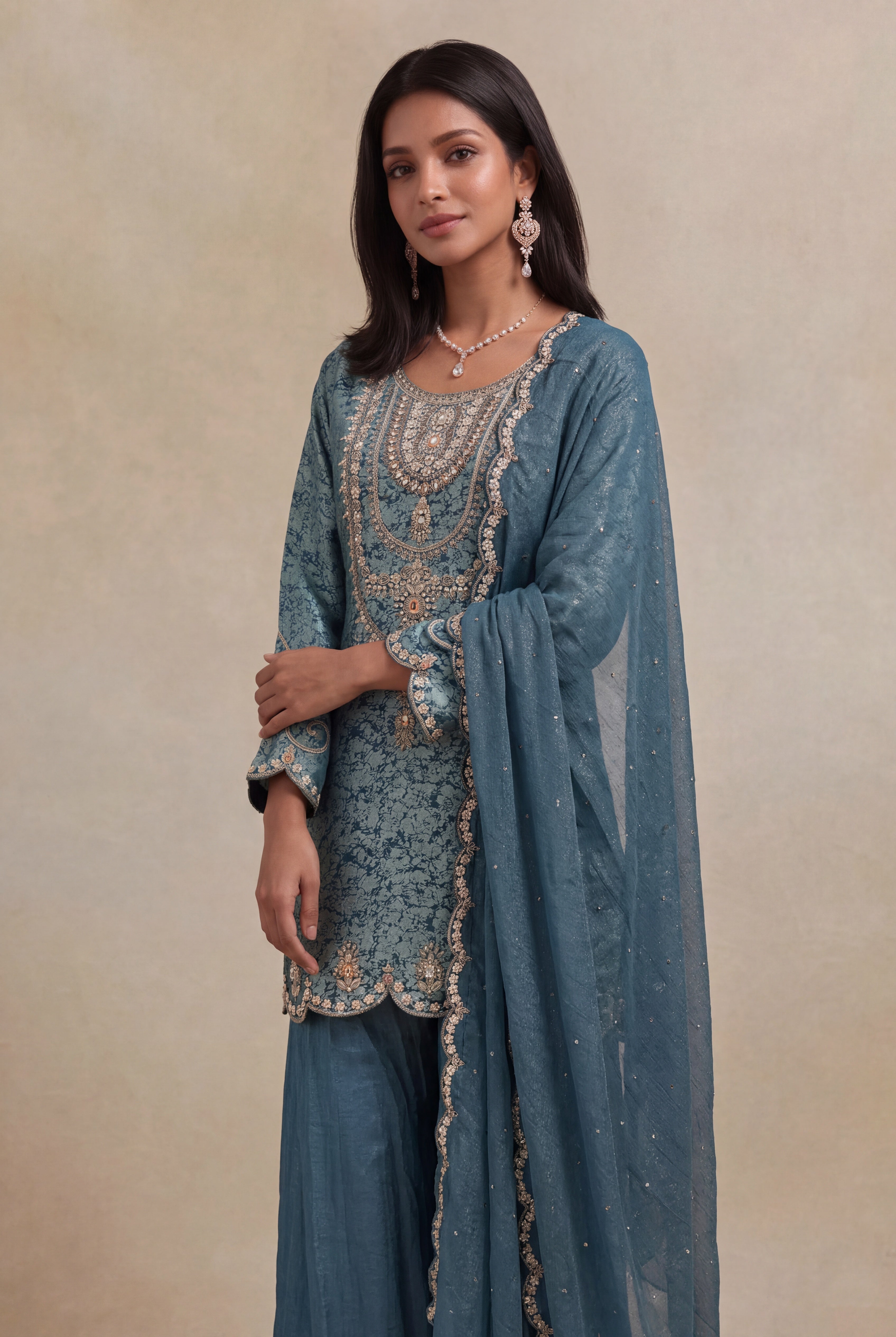 Blue Tissue Short Kurta Sharara Set