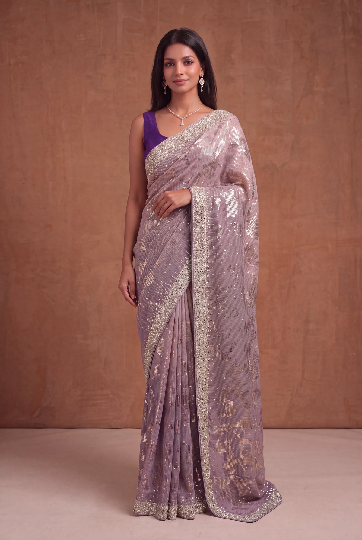 Purple Georgette Saree with Sequin & Mirror Work - Mokshaa