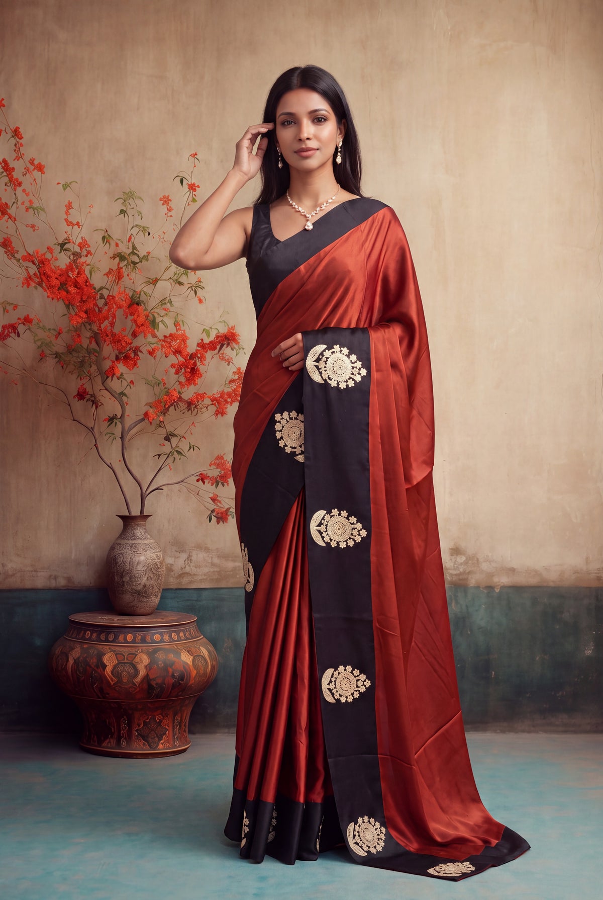Rust Orange Crepe Silk Saree - Mokshaa