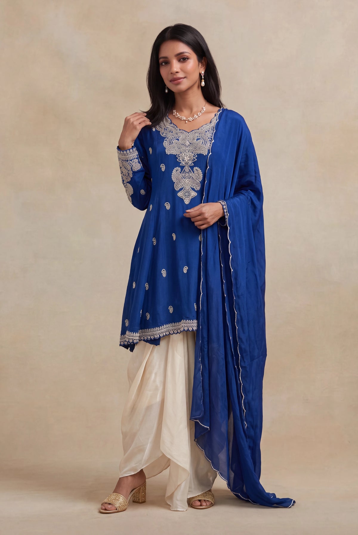Royal Blue Chinon Indo-Western Set - Mokshaa