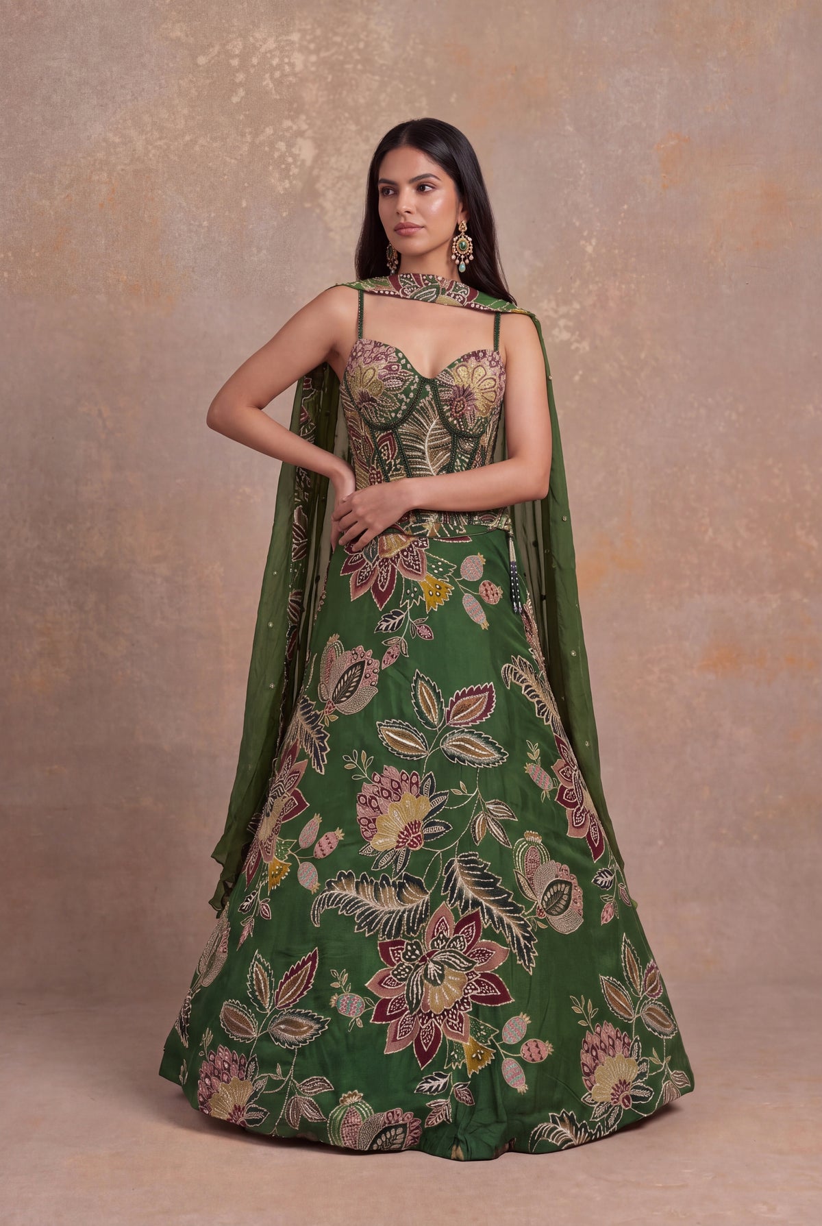 Forest Green Organza Floral Embroidered Corset Lehenga - Mokshaa