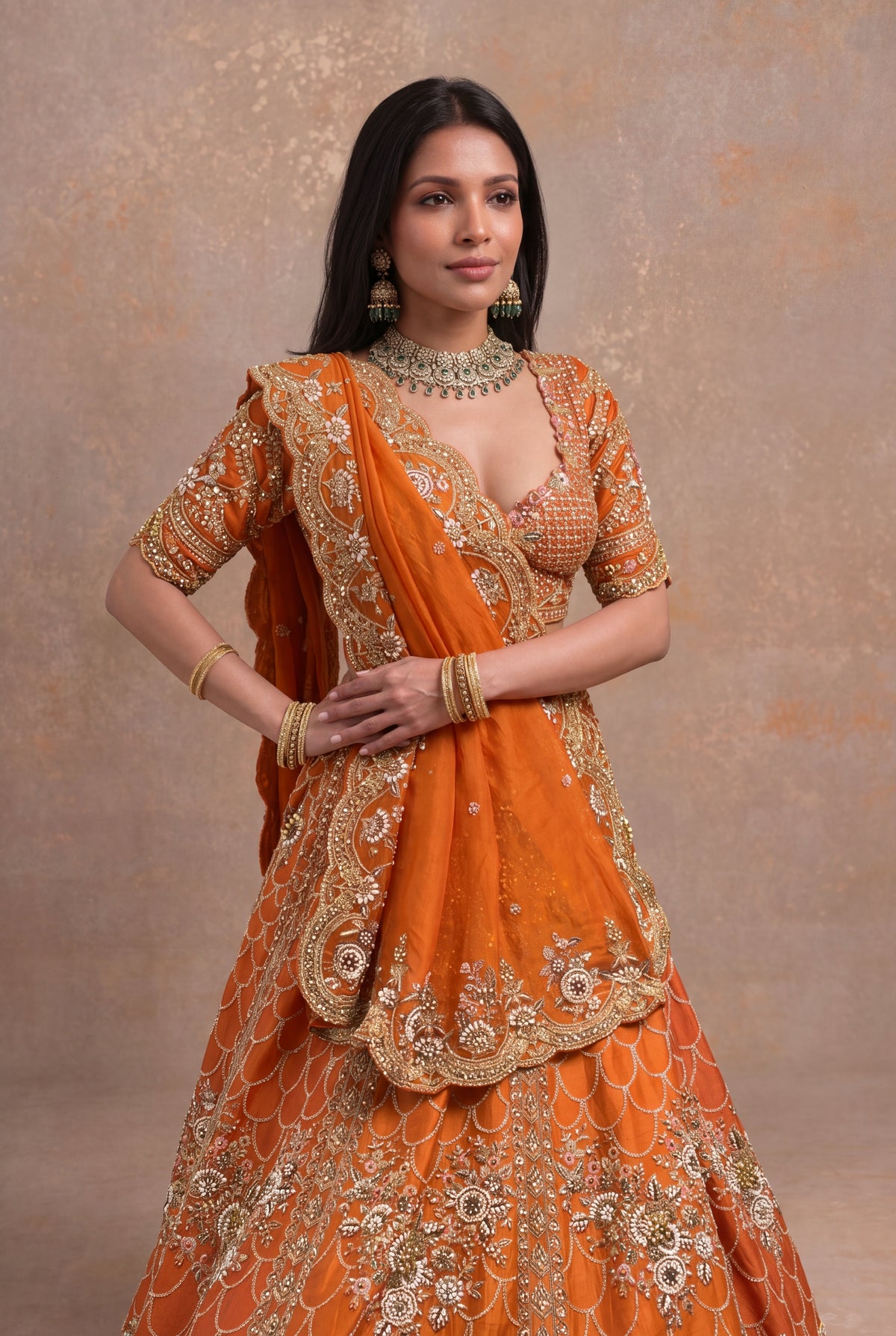 Orange Raw Silk Lehenga - Mokshaa