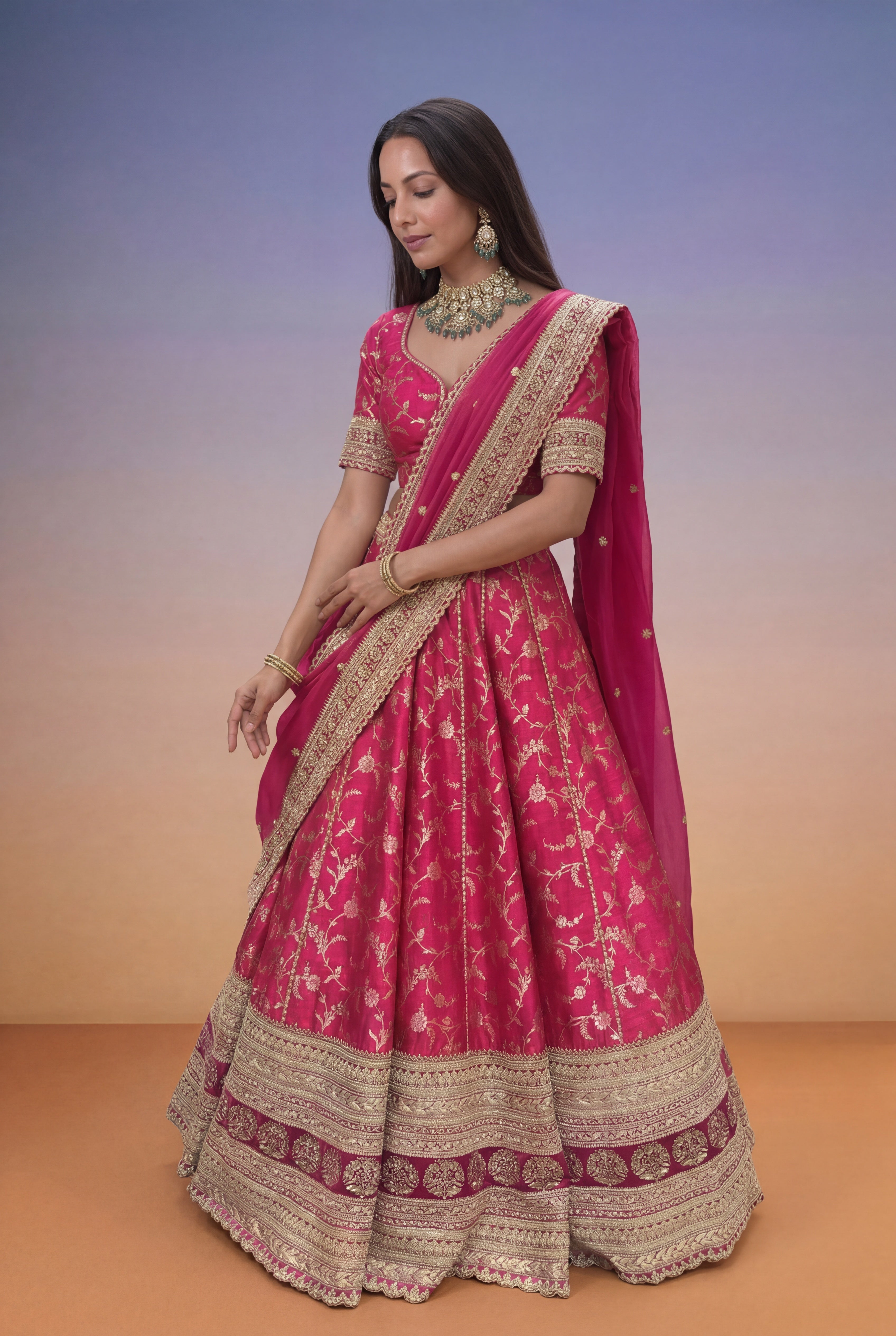 Pink Banarasi Raw Silk Lehenga