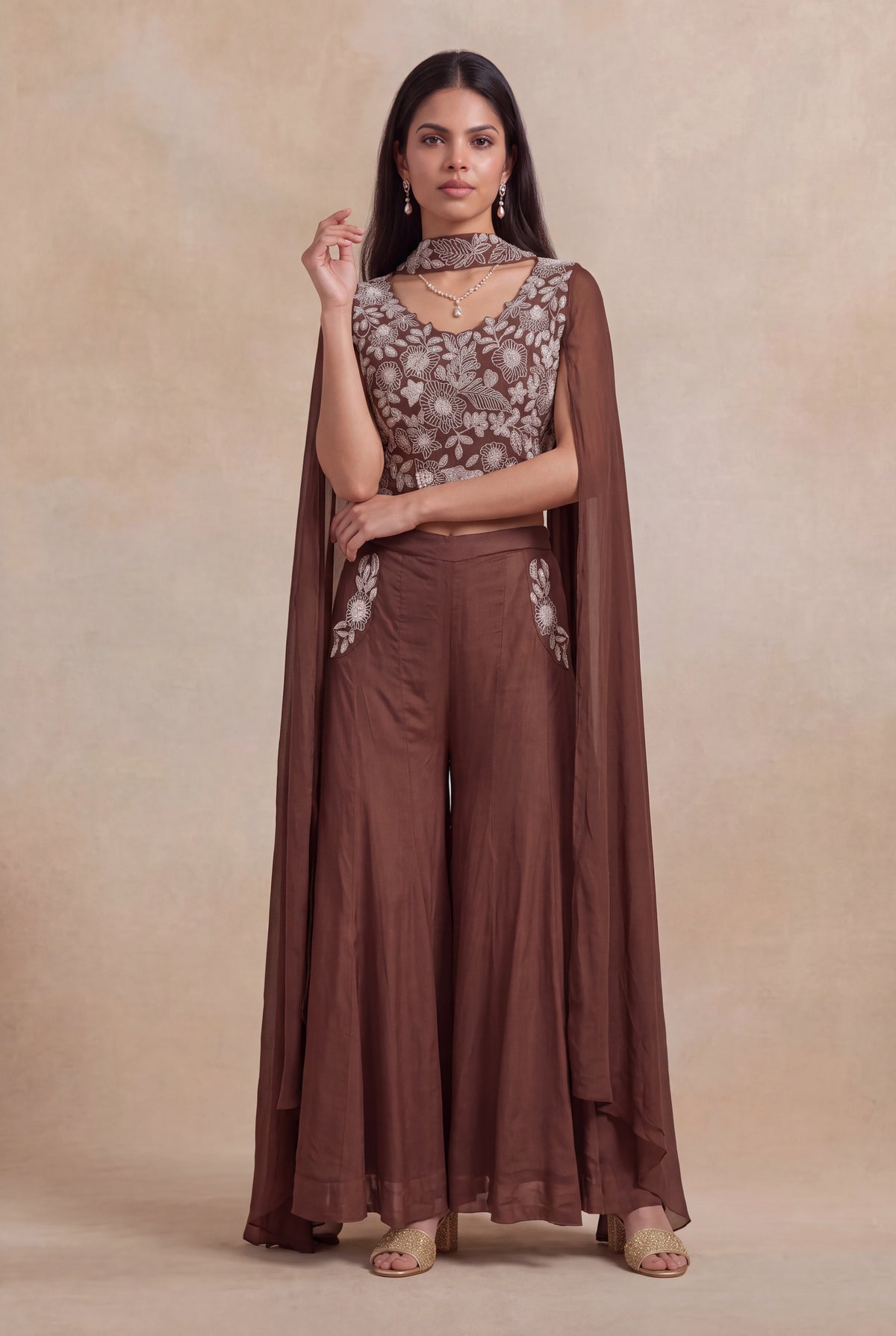 Brown Georgette Indo-Western Palazzo Set - Mokshaa