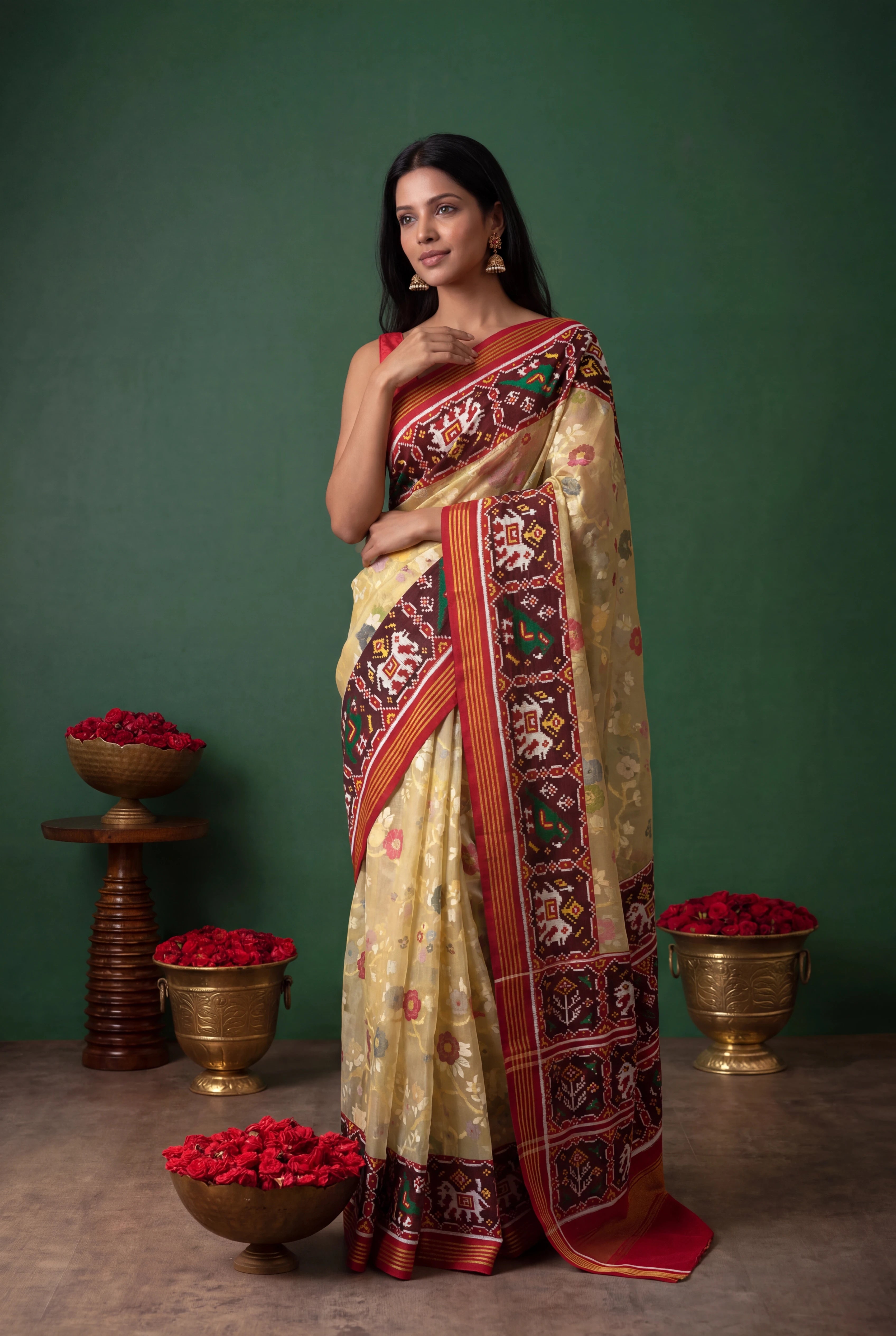 Pastel Yellow Kora Jamdhani Saree