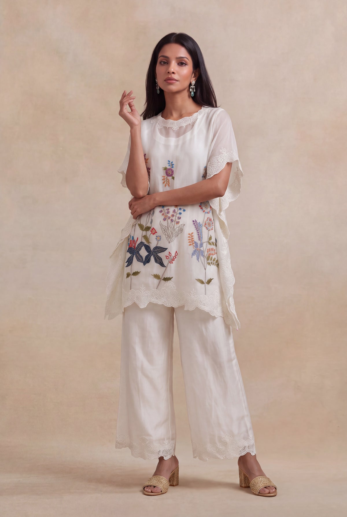 Ivory Organza Kaftan with Floral Thread Embroidery - Mokshaa