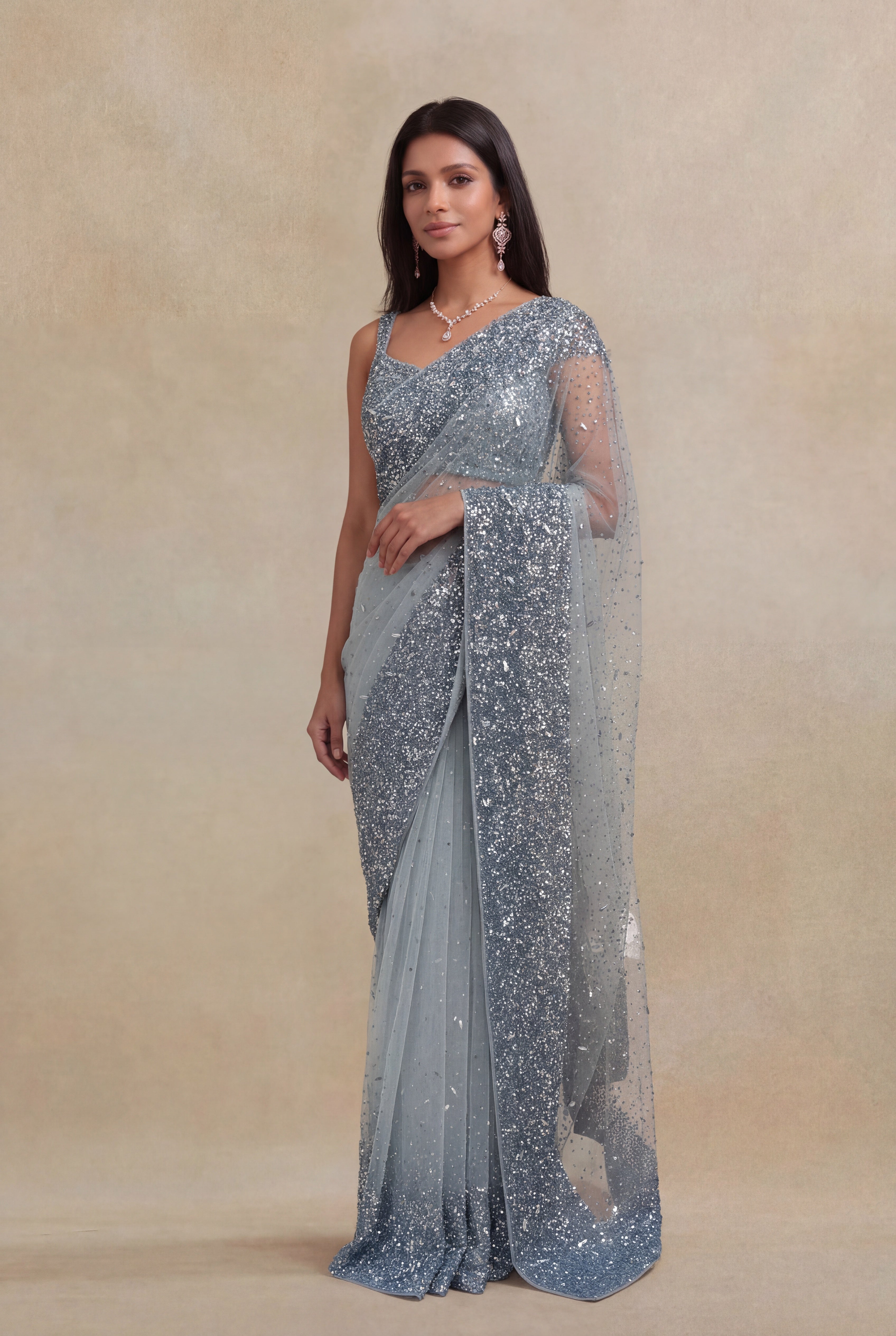 Ice Blue Net Sequins Saree
