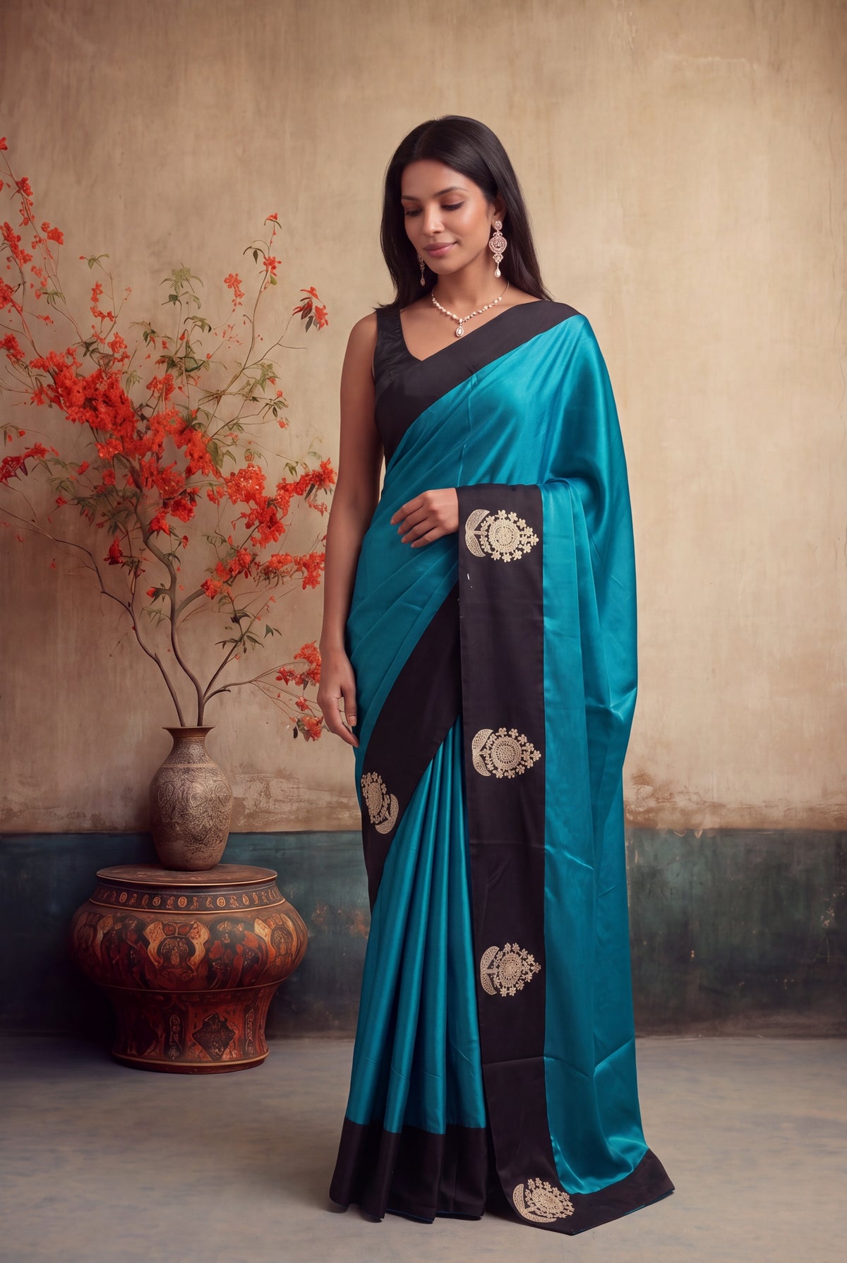 Teal Blue Crepe Silk Saree - Mokshaa