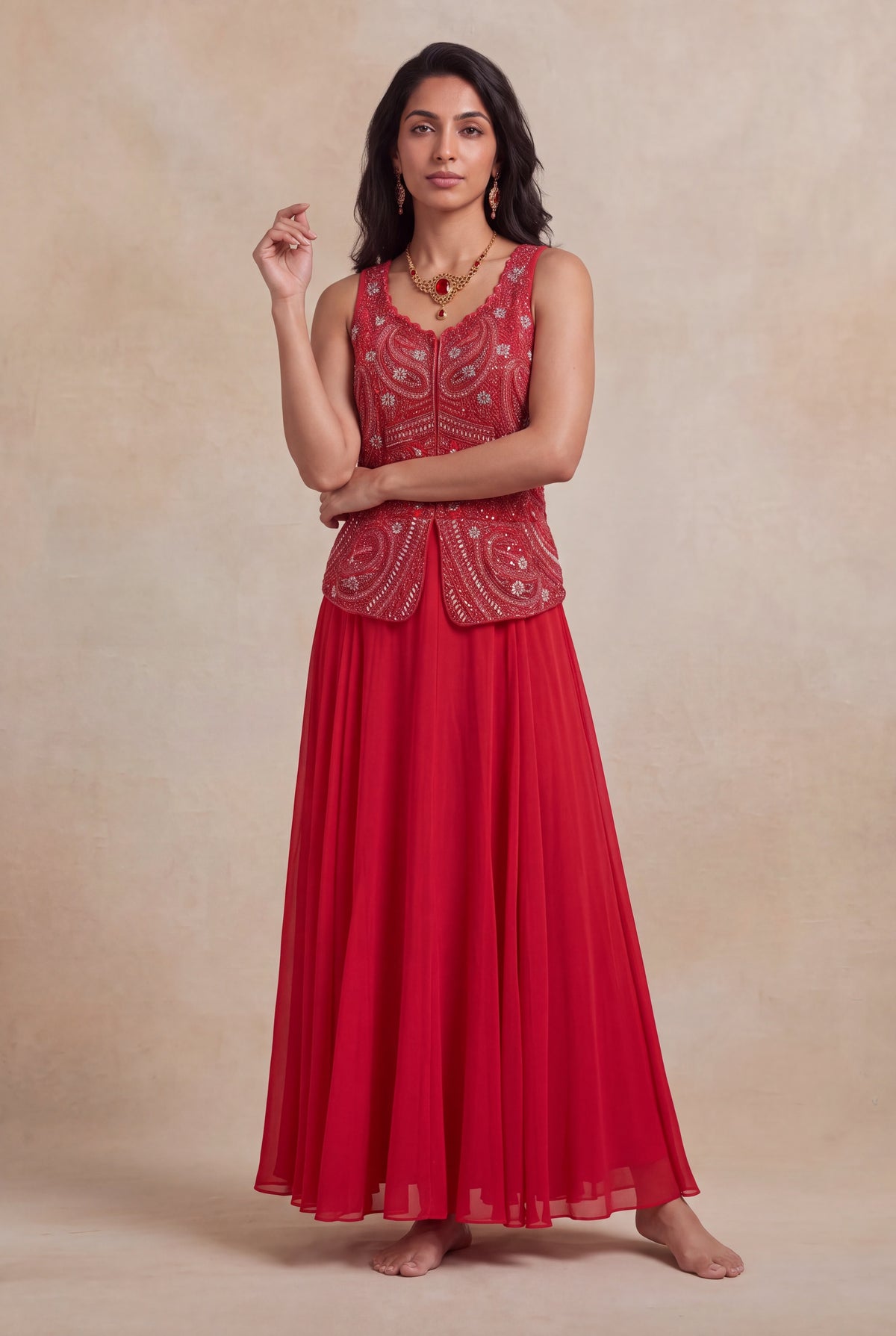 Red Sequins & Katdana Embroidered Jacket Gown - Mokshaa