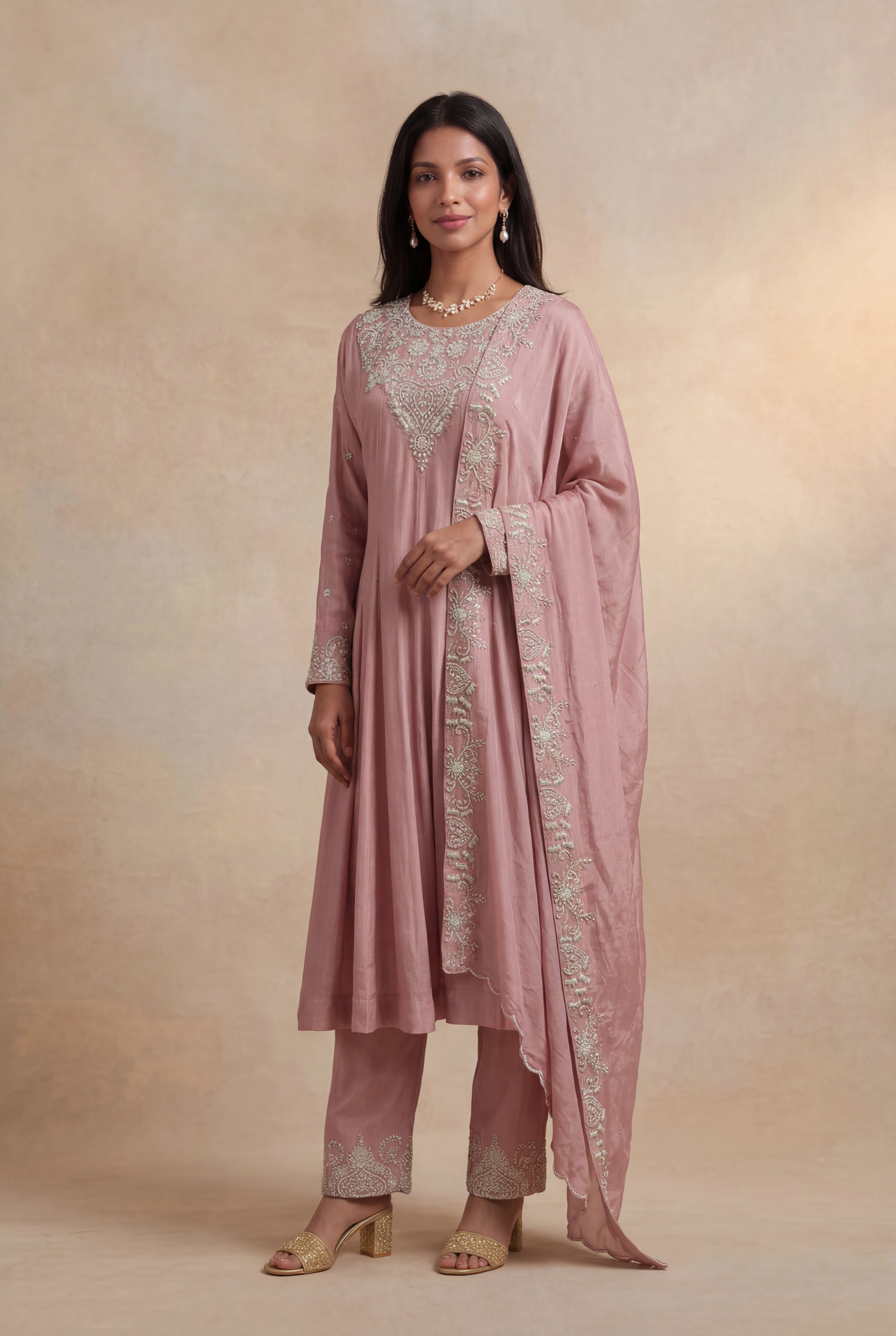 Peach Grape Fabric Embroidered Anarkali Suit Set with Dupatta