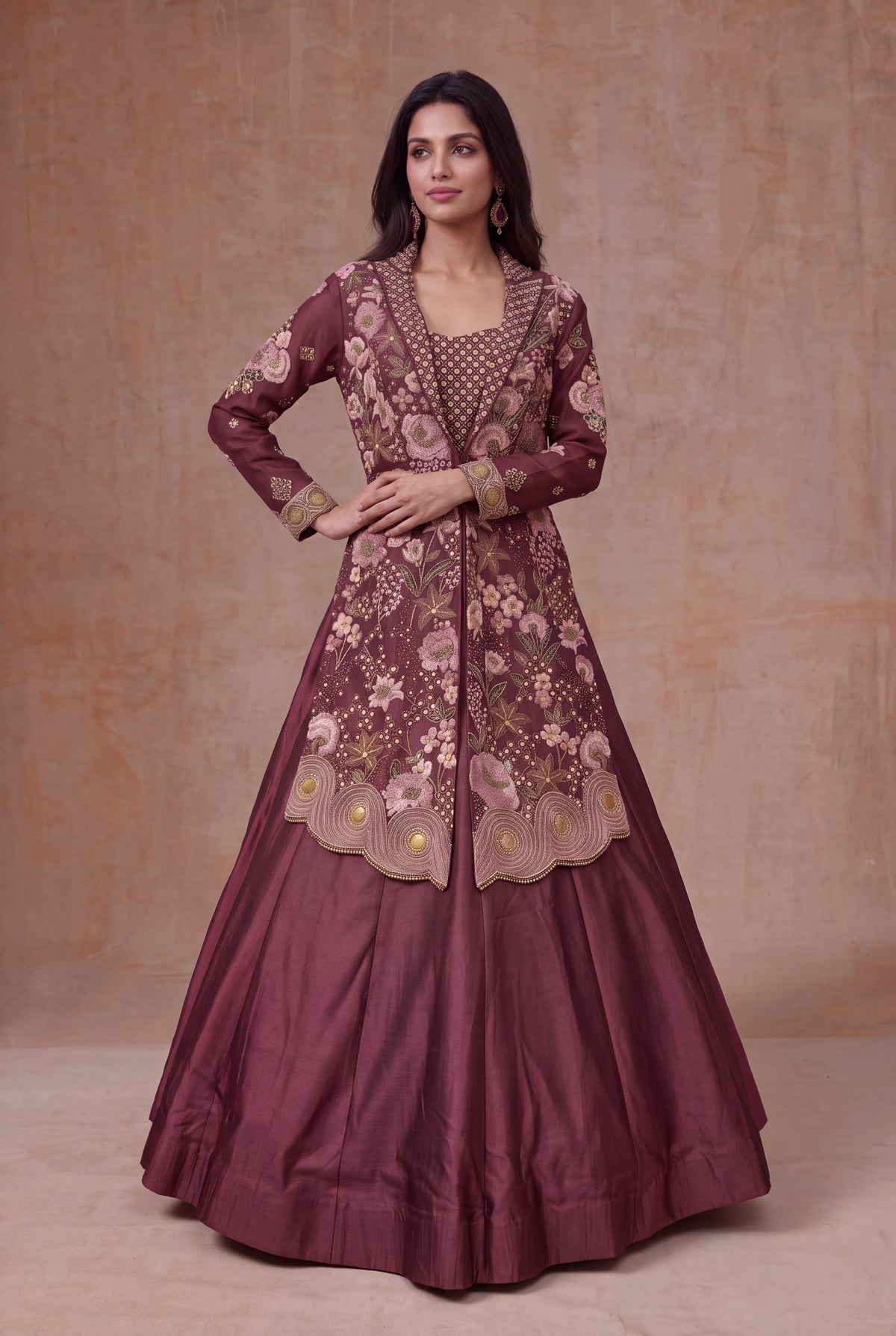 Wine Mauve Raw Silk Jacket Lehenga with Floral Embroidery - Mokshaa