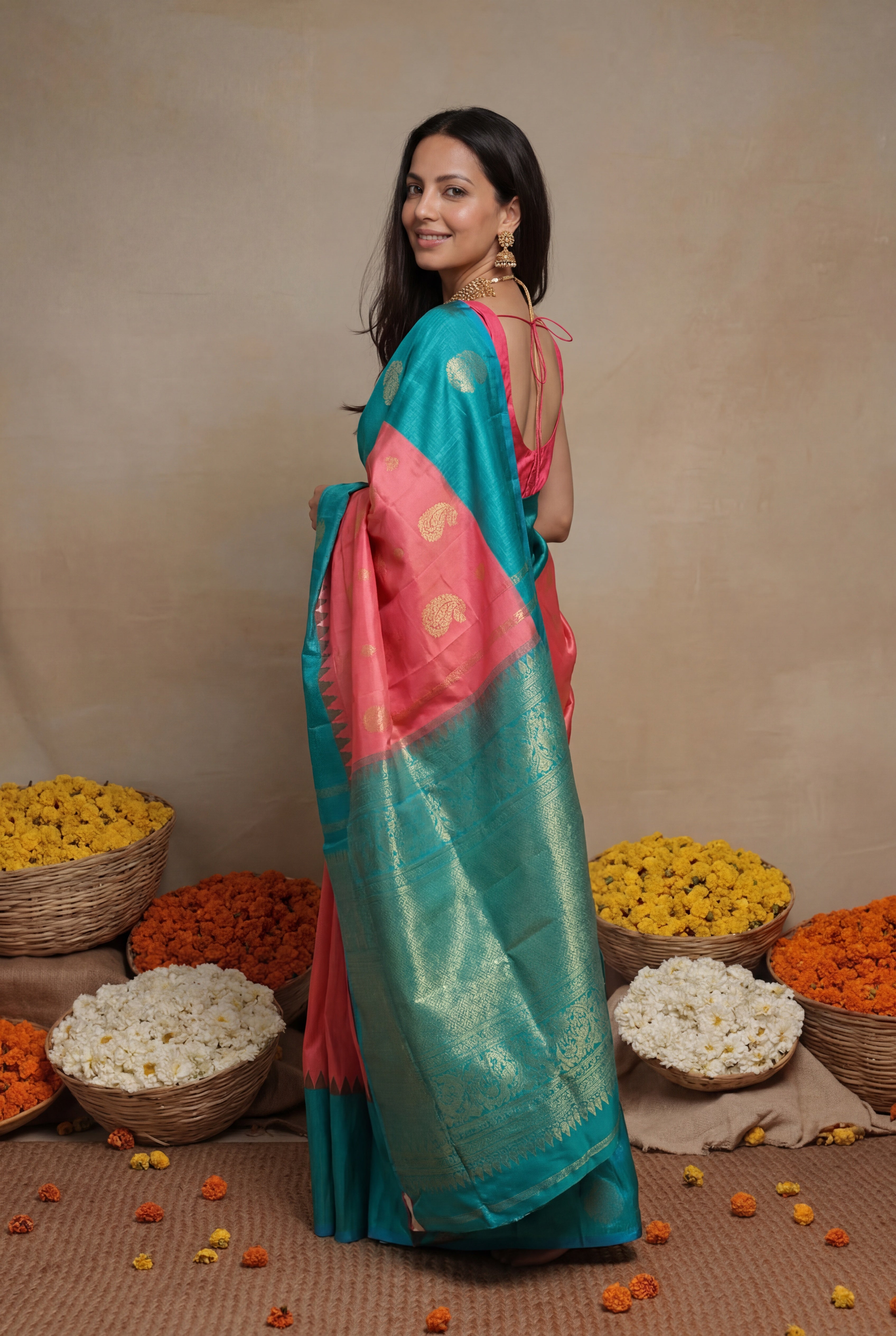 Coral Peach and Aqua Blue Kanchivaram Silk Saree