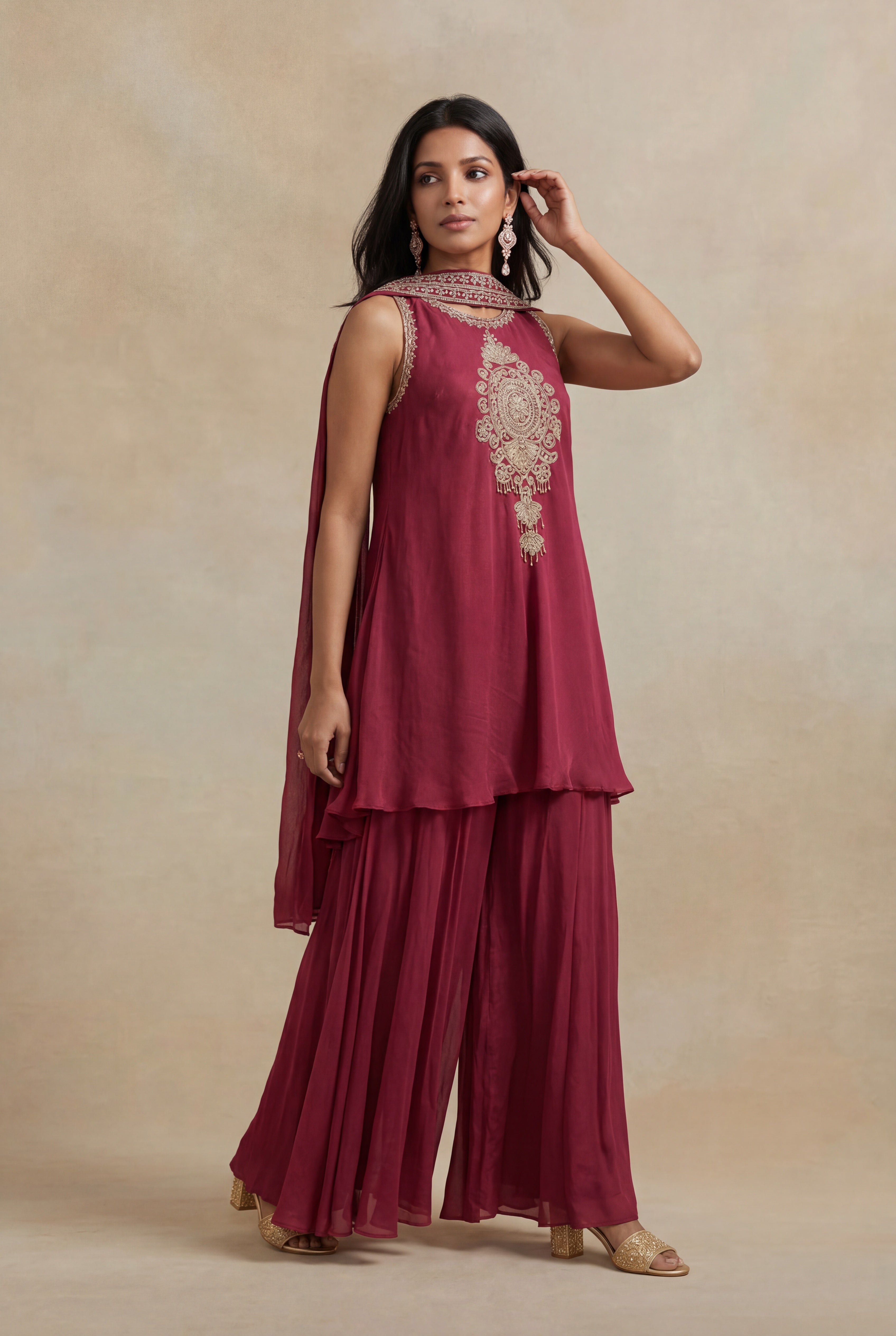 Rust Pink Chinon Georgette Indo-Western Kurta Set