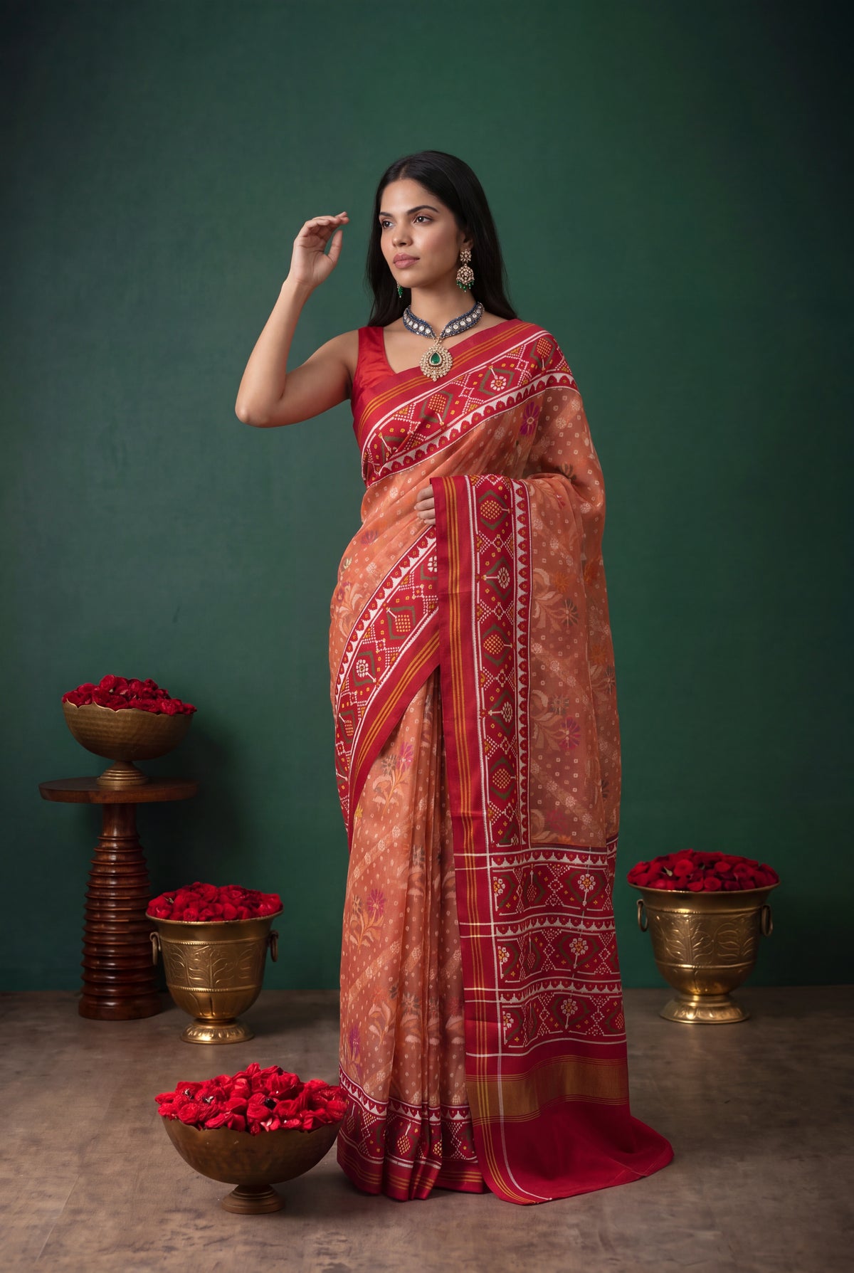 Peach Kora Silk Jamdani Saree - Mokshaa