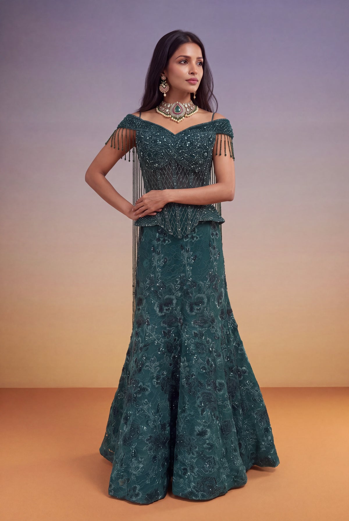 Emerald Green Indo-Western Corset Lehenga - Mokshaa