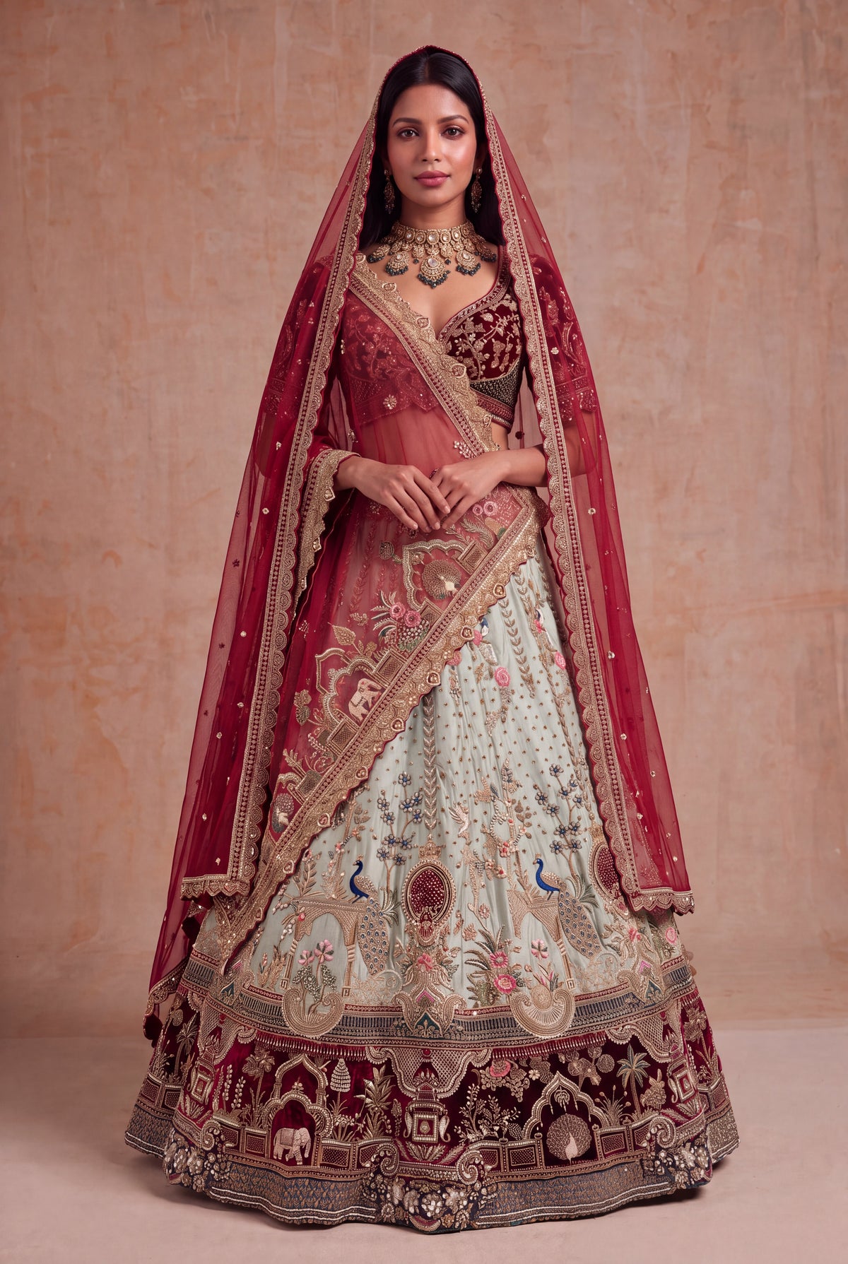 Ivory Raw Silk Lehenga with Zardosi & Pearl Work - Mokshaa
