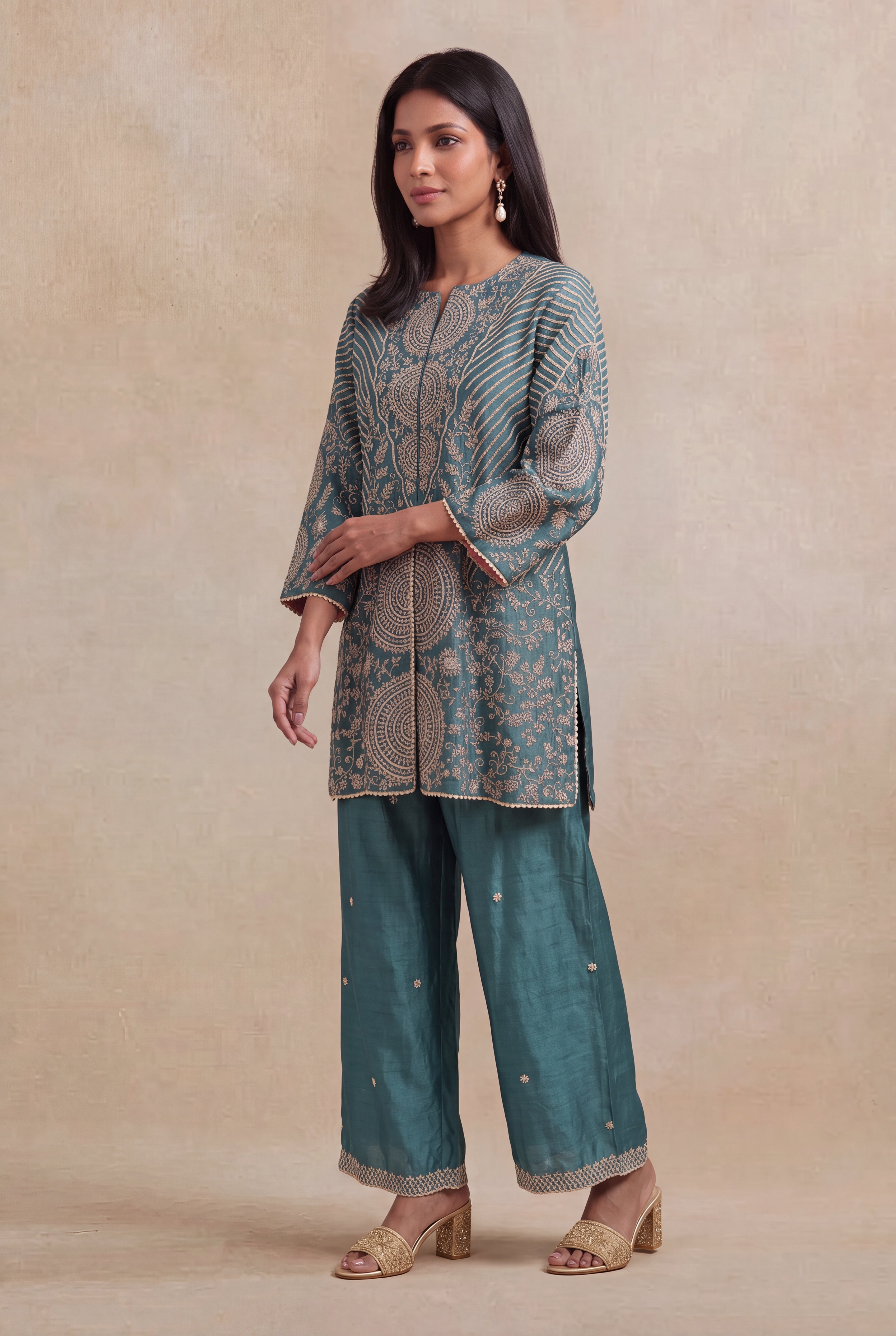 Teal Raw Silk Indo-Western Co-ord Set