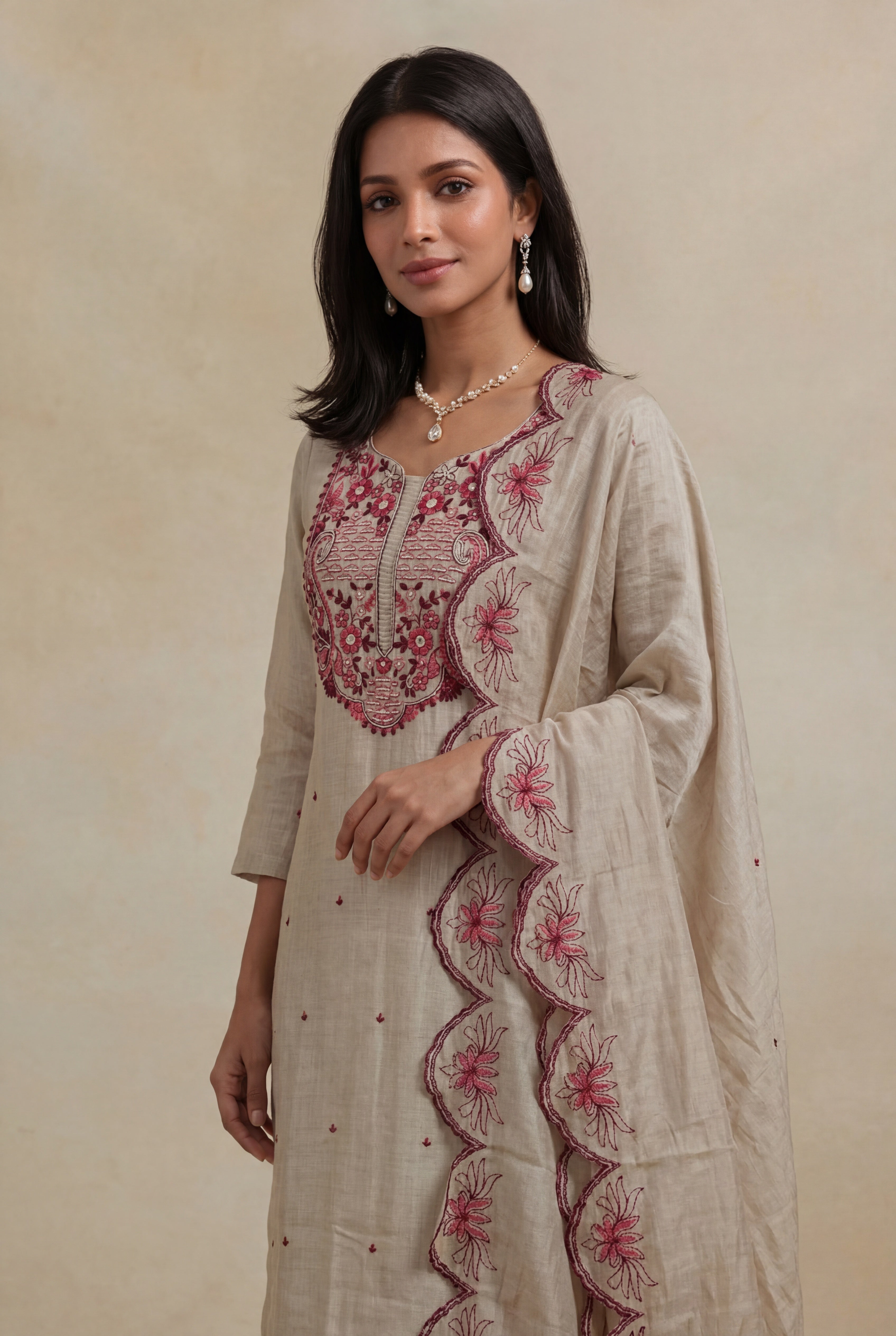 Beige Mulmul Cotton Straight Cut Salwar Set