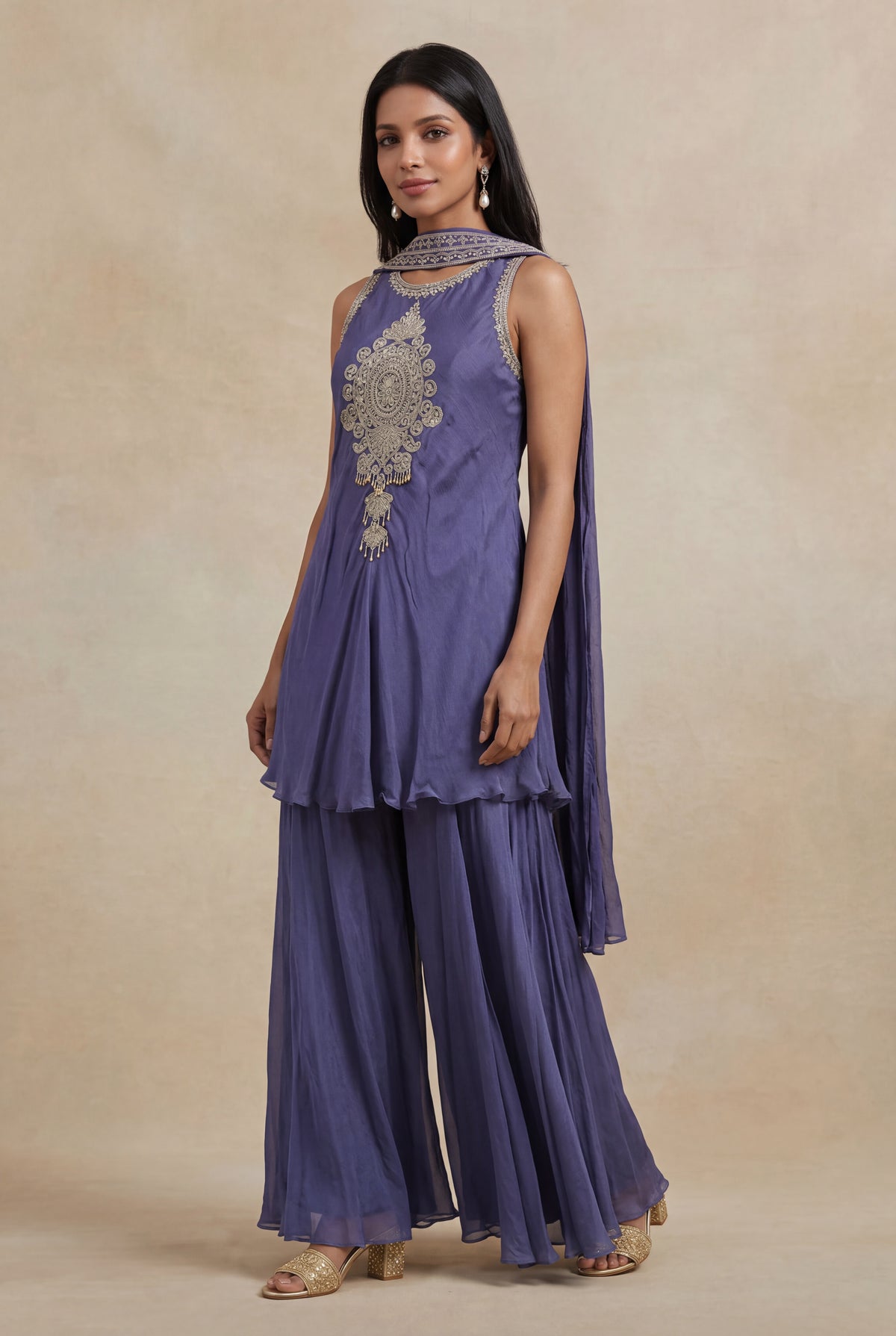 Slate Violet Chinon Katdana & Sequin Indo Western Set - Mokshaa