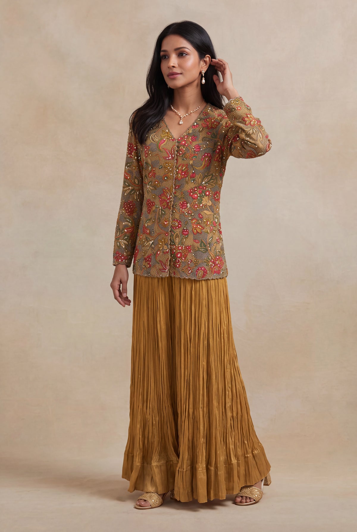 Mustard Yellow Printed Co-ord Set with Metallic Thread Embroidery - Mokshaa