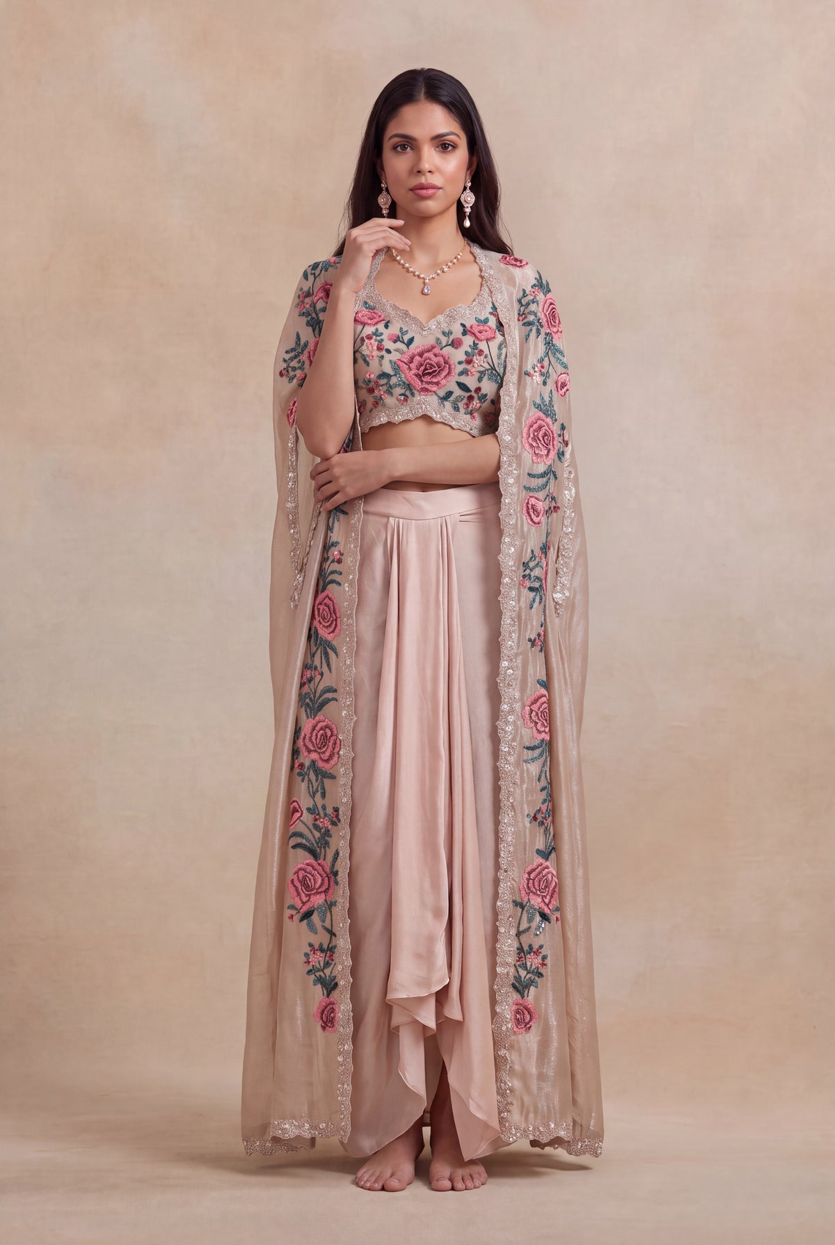 Blush Satin Floral Embroidered Indo-Western Cape Set - Mokshaa