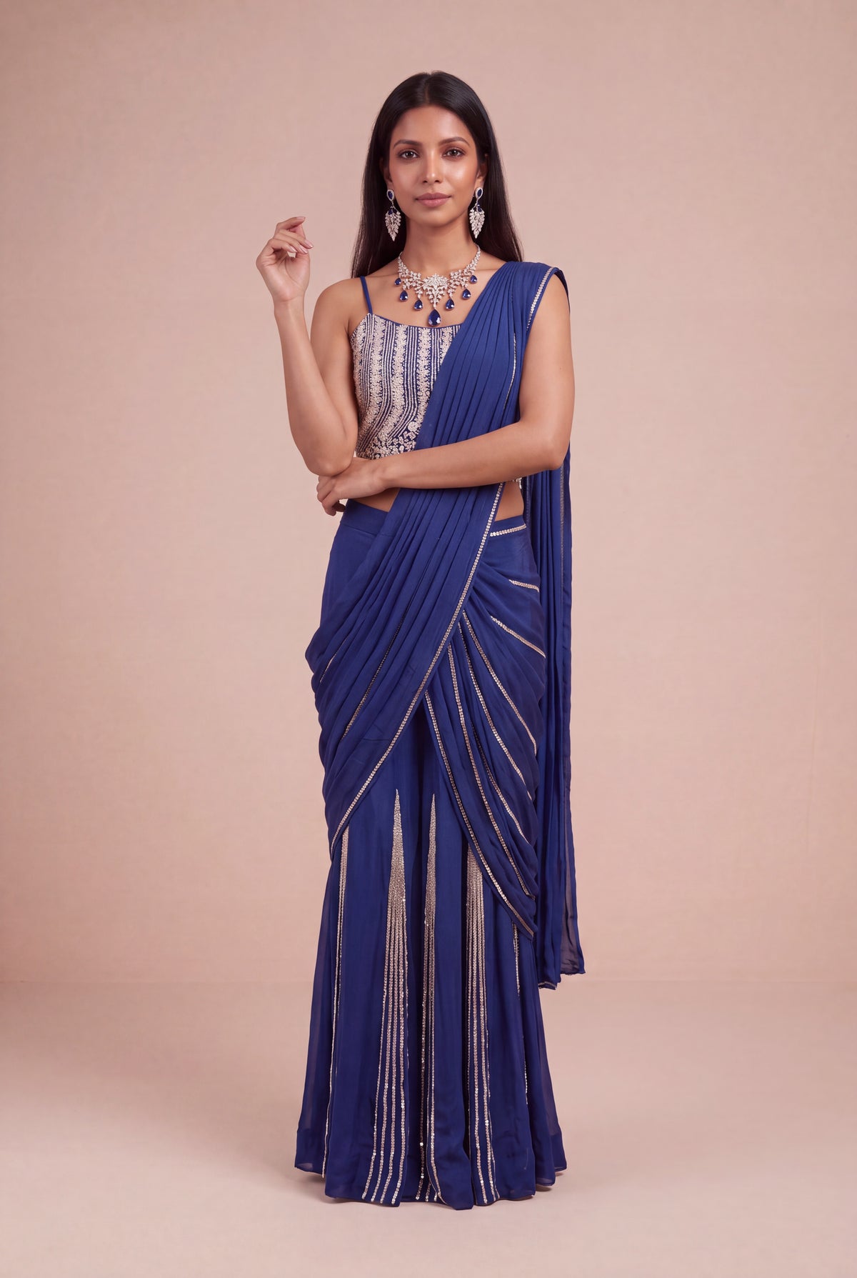 Royal Blue Chinon Crepe Draped Saree - Mokshaa
