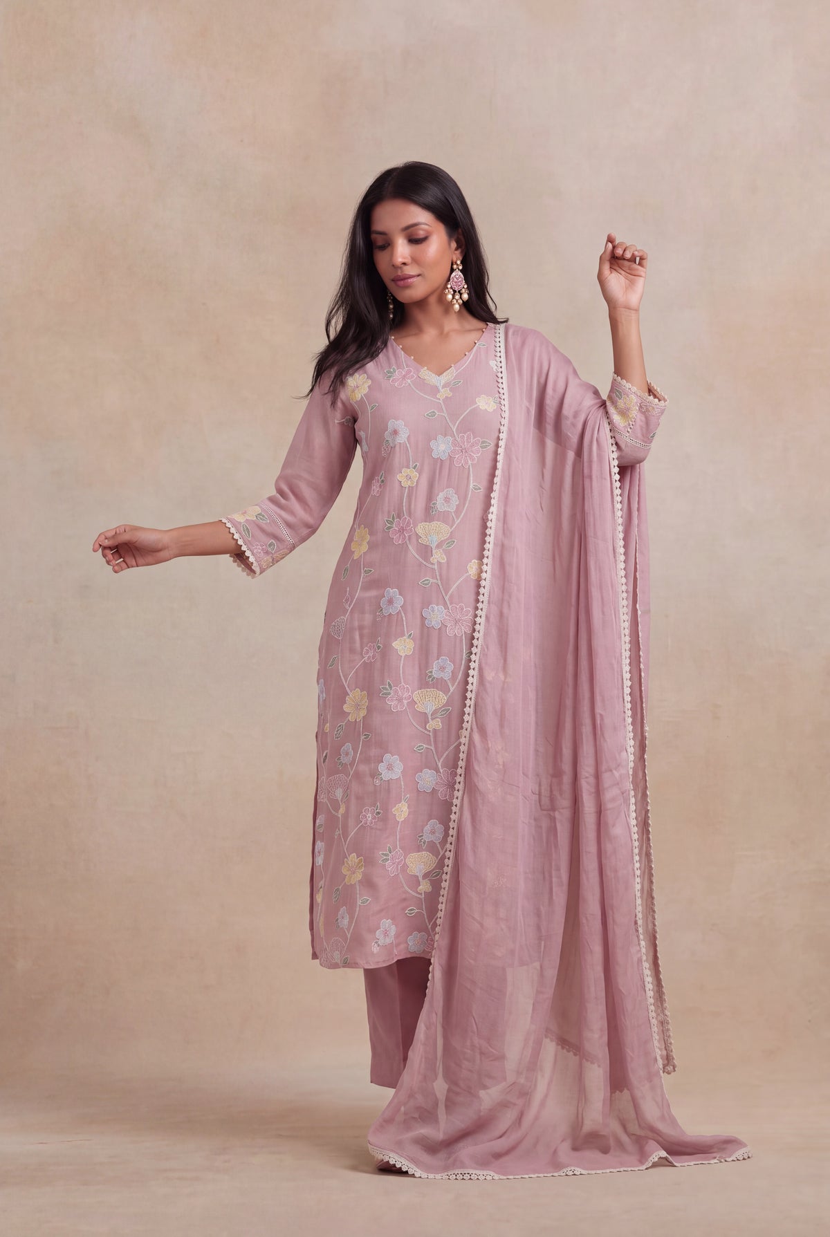 Dusty Rose Mul Cotton Embroidered Kurti Set - Mokshaa