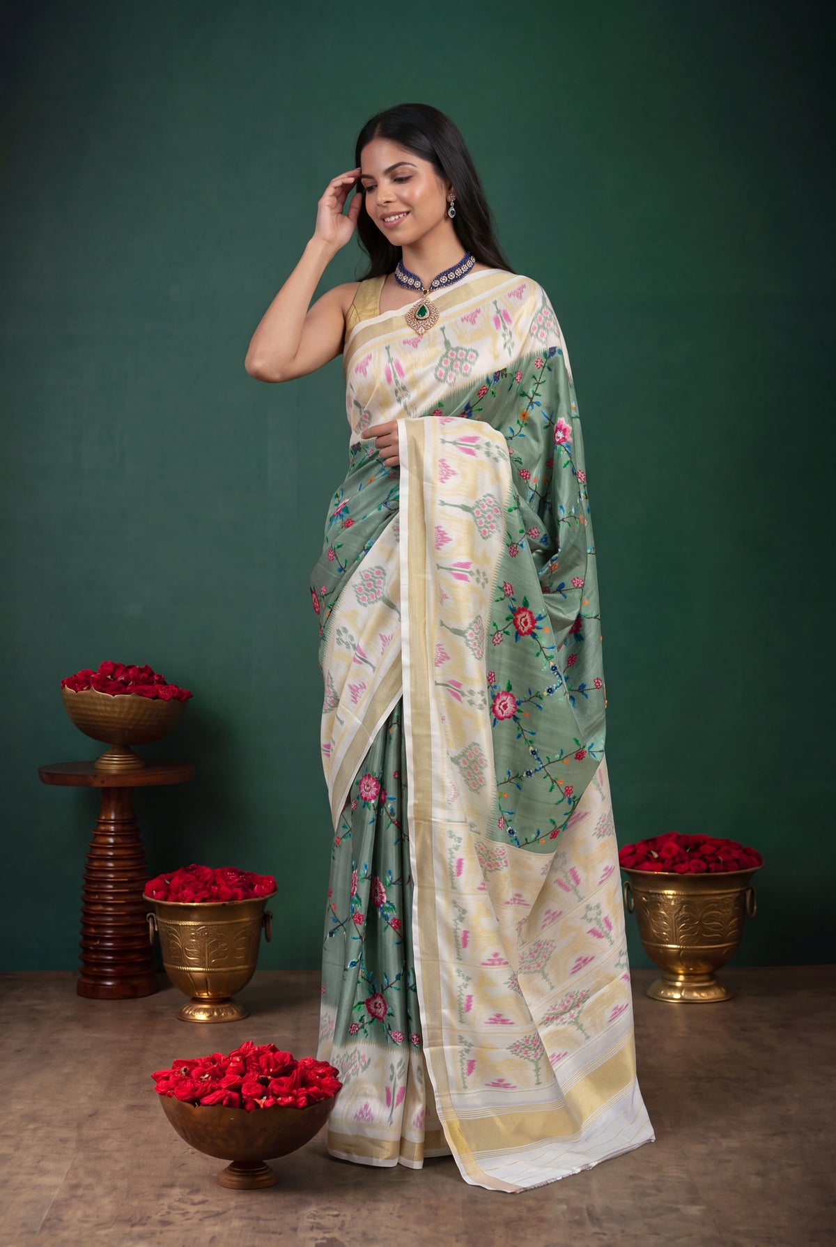 Sage Green Twill Silk Patola Saree - Mokshaa