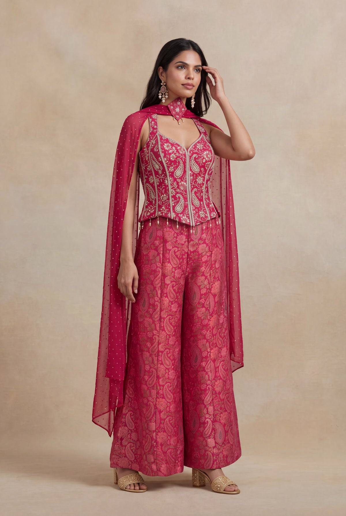 Pink Banarasi Indo-Western Palazzo Set with Embellished Corset - Mokshaa