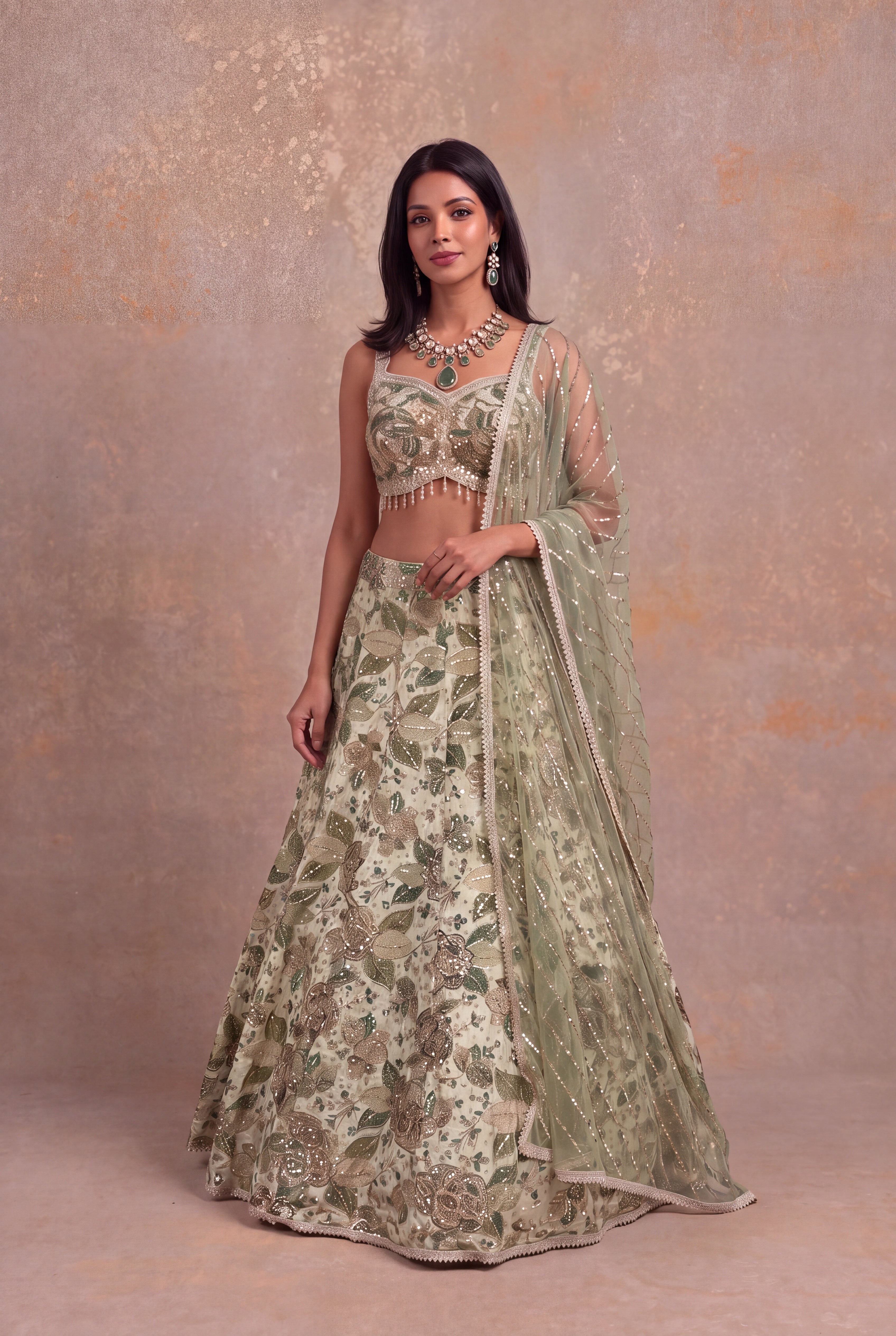 Pistachio Green Crepe Lehenga with Zari, Sequin & Stone Floral Embroidery