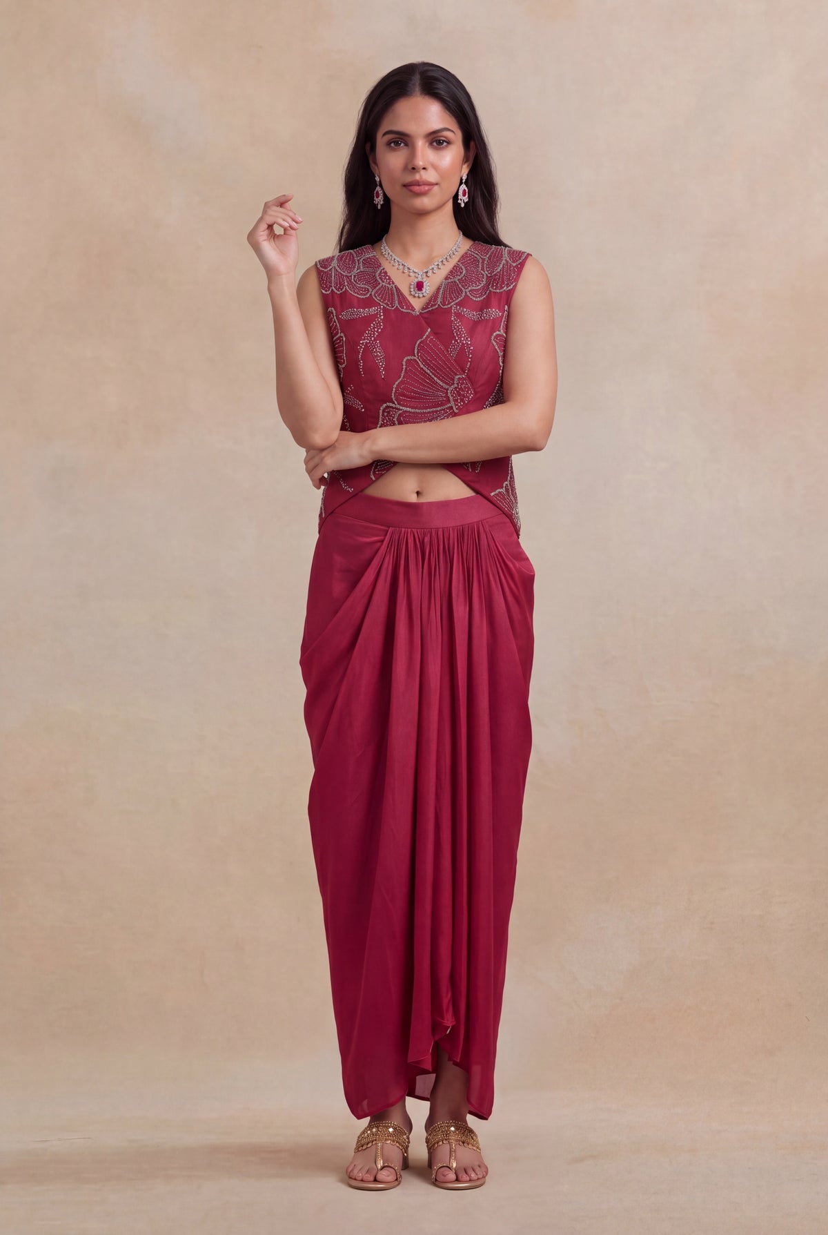 Wine Indo-Western Crop Top & Drape Skirt - Mokshaa