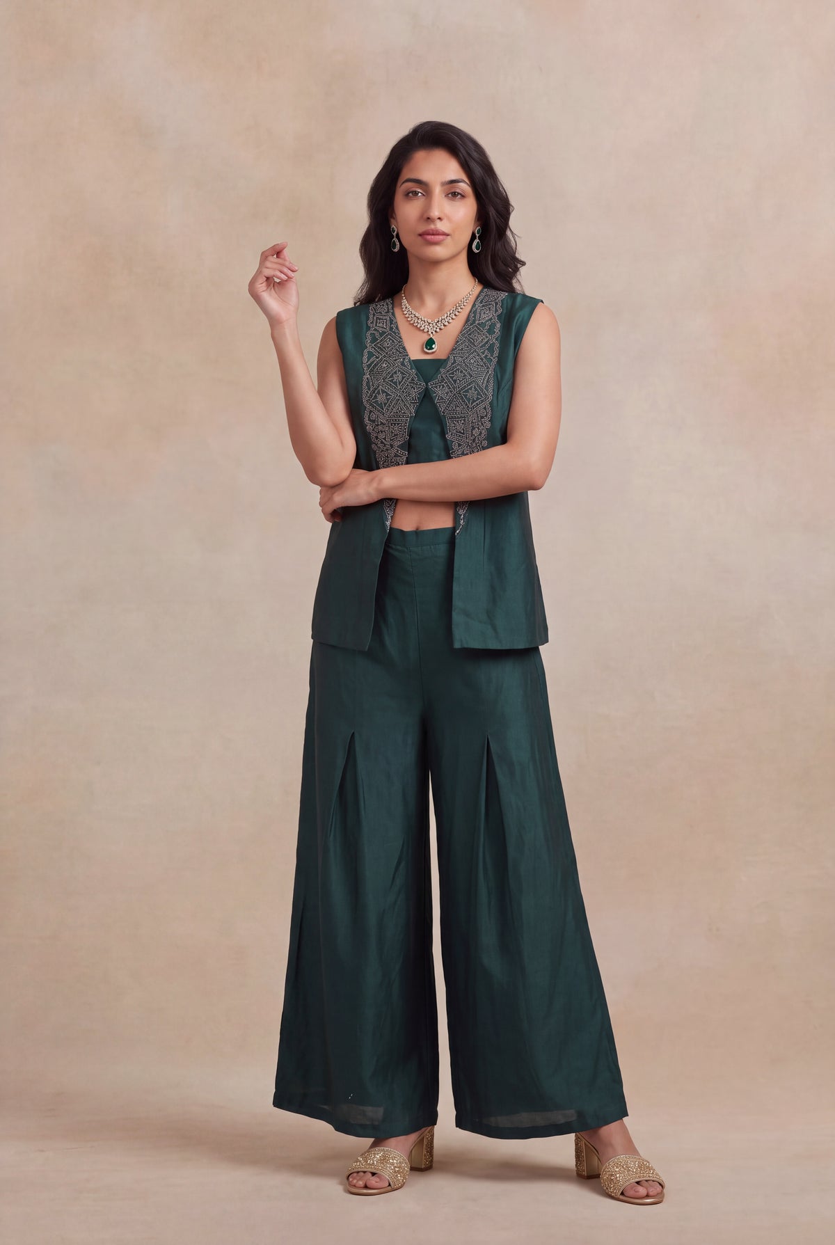 Emerald Green Silk Indo-Western Three-Piece Set - Mokshaa