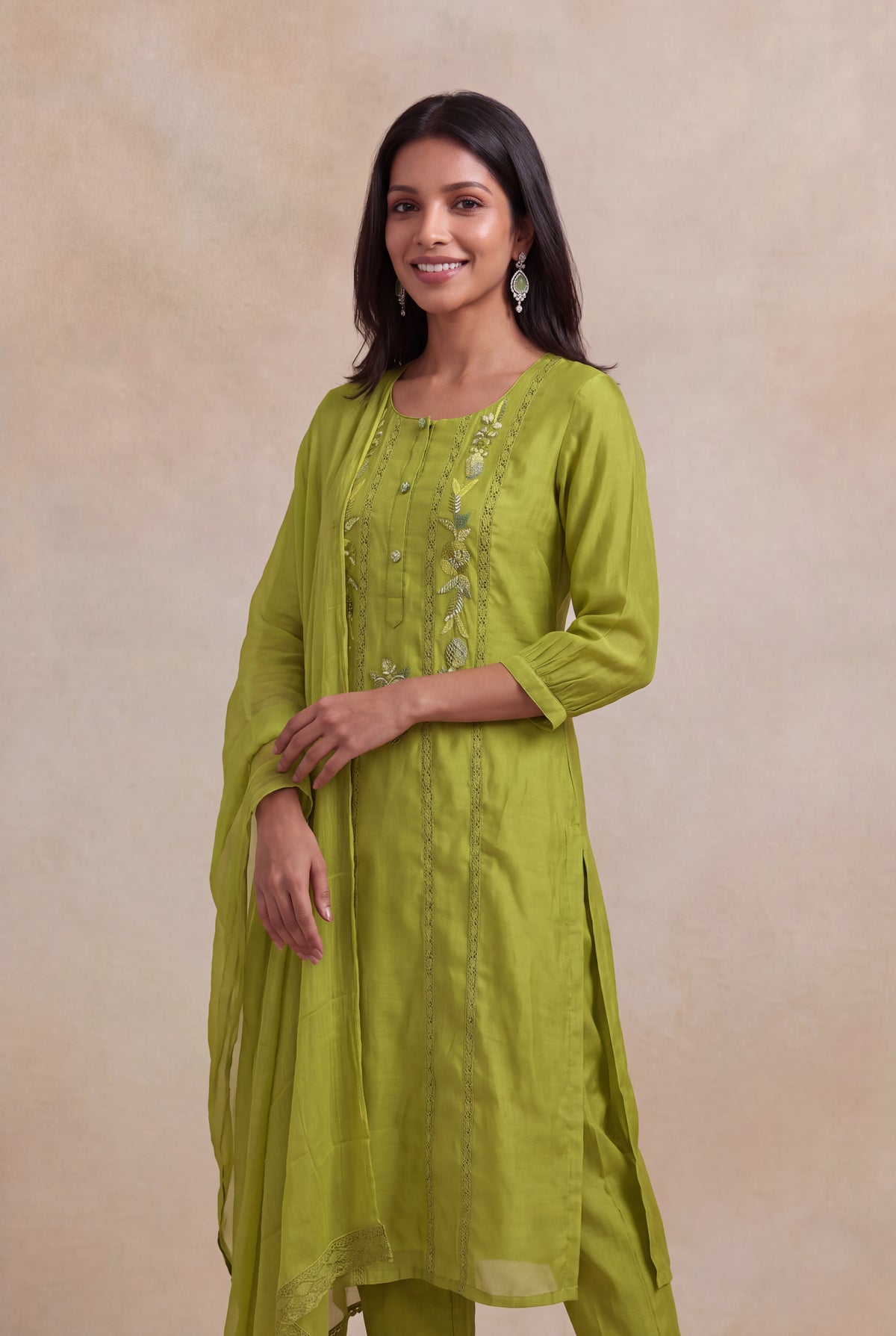 Lime Green Mul Cotton Straight-Cut Salwar Set - Mokshaa