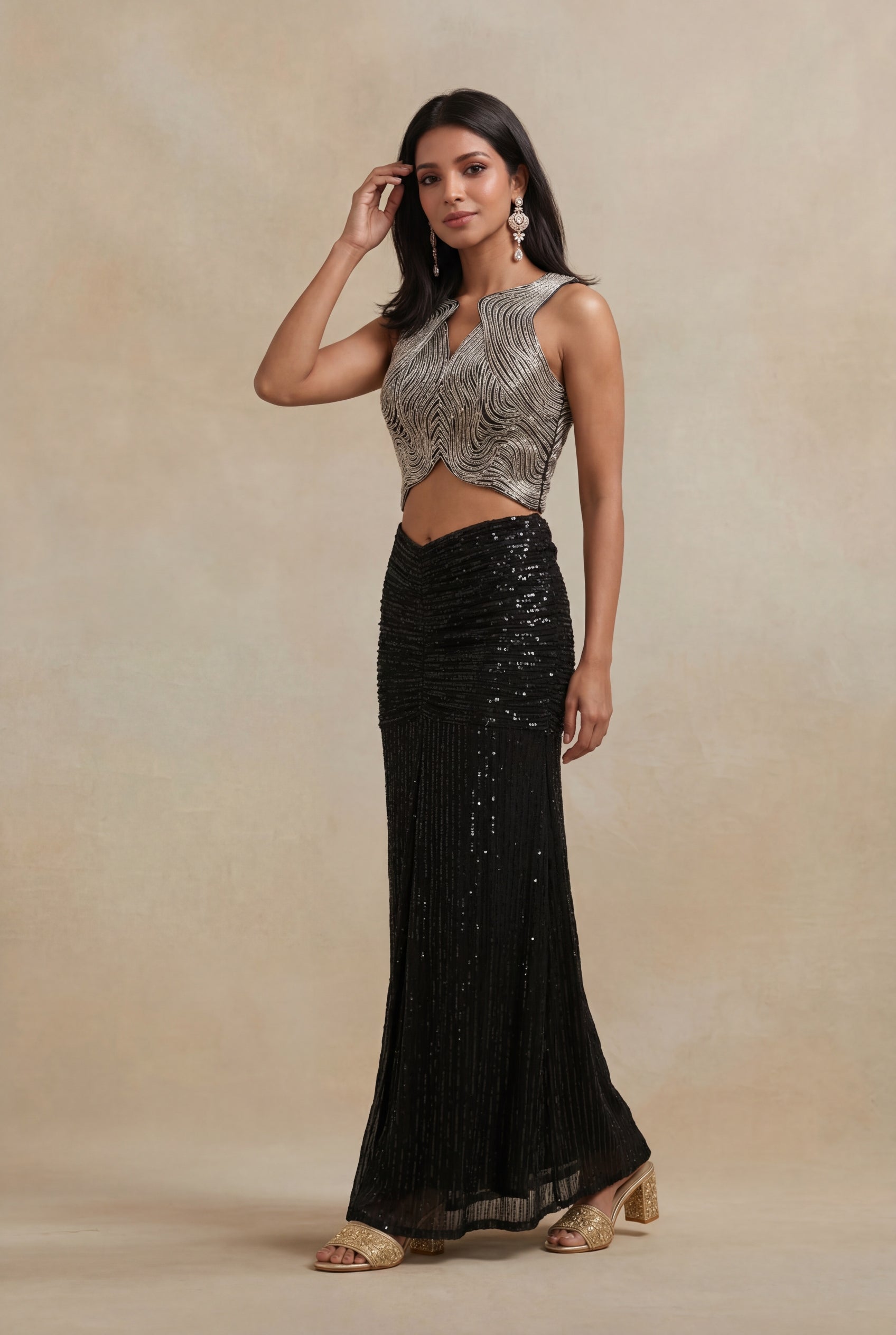 Black Net Indo-Western Co-Ord Set with All-Over Sequin Work
